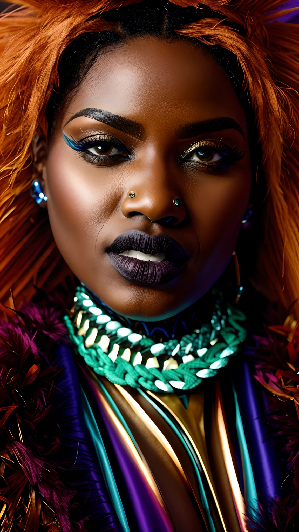 um close up de uma mulher com cabelos ruivos e uma jaqueta preta, senhora sedutora, photo shoot, atitude de olhar desafiador, african necklaces, futurism, cyber punk, wearing african tribal, tribal african clothes and necklaces, orisha, ultra quality, intricate details