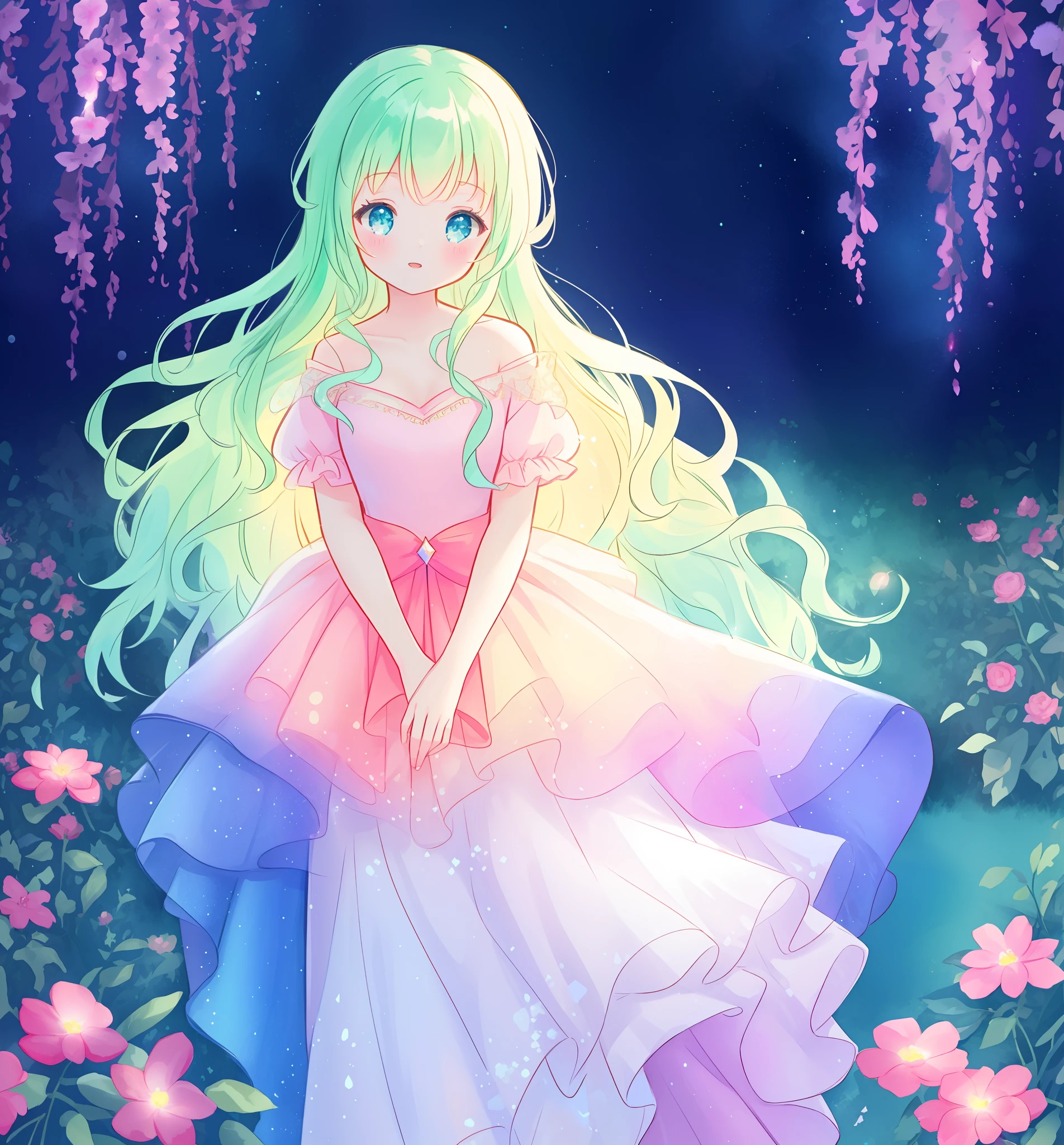 beautiful girl in flowing tiered layered ballgown dress, fairy dress, fairy queen, magical forest background, (glowing fairy wings), glowing flowing ballgown, long wavy hair, sparkling fairy wings, watercolor illustration, flowers and colorful plants, inspired by Glen Keane, inspired by Lois van Baarle, disney art style, by Lois van Baarle, glowing aura around her, by Glen Keane, jen bartel, glowing lights! digital painting, flowing glowing hair, glowing flowing hair, beautiful digital illustration, fantasia otherworldly landscape plants flowers, beautiful, masterpiece, best quality, anime disney style