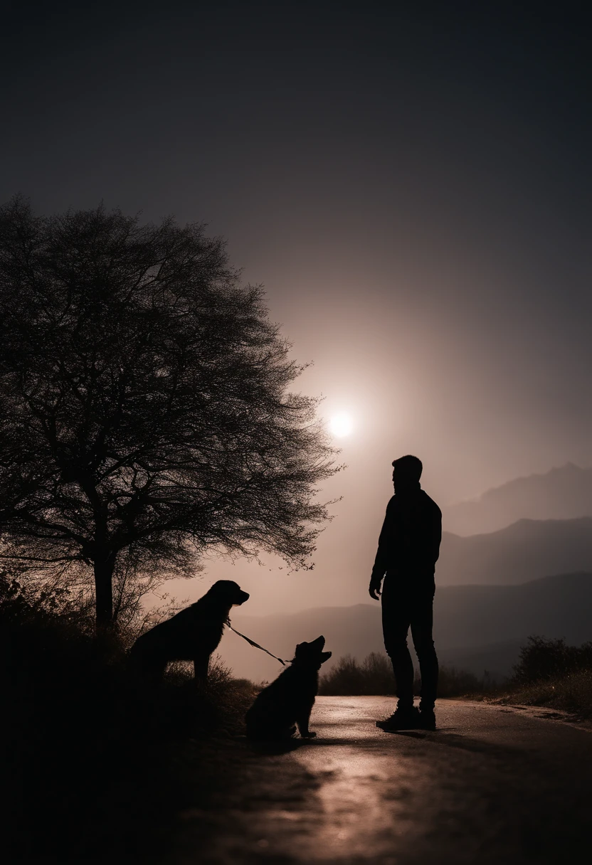 silueta de una persona mirando al cielo con su perro en un paisaje en la noche