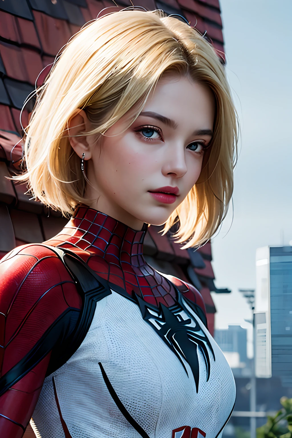 18 yo girl, white spider man suit, short blunt hair, blonde, beautiful face, rain, roof, masterpiece, intricate detail, perfect anatomy