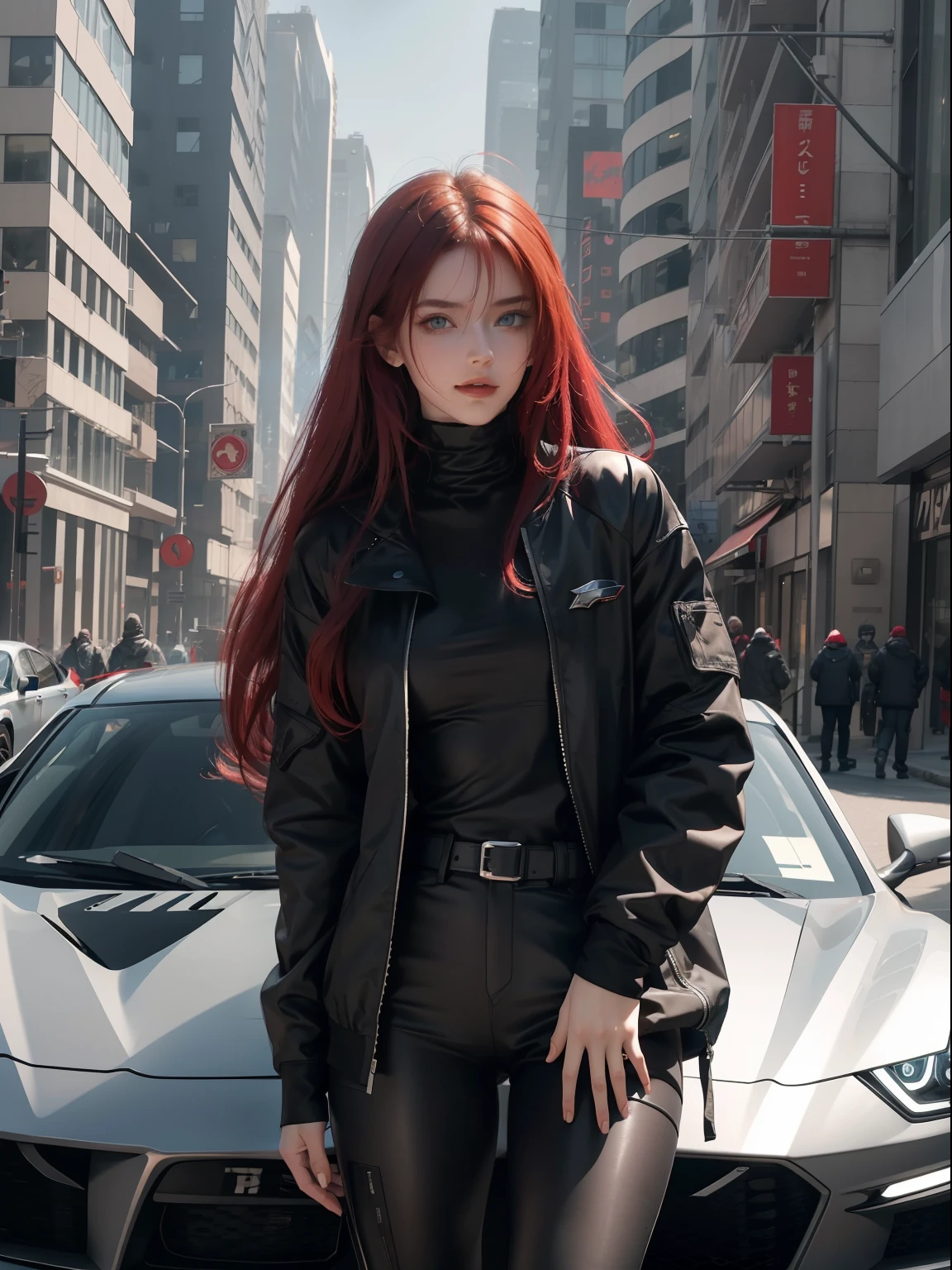 Masterpiece , A girl , Red long-haired , Blue eyes , Gradient , Perfect figure , ( techwear outfits:1.2) , Cyberpunk , future , Modernity , at cyberpunk city, lite smile , Detailed face ,, , (8K, Best quality 1.2), Ultra-detailed, 8K, Ultra HD,, Soft lighting, High quality, filmgrain, Beautiful lighting,, (Cinematic:1.4) ,Perfect body , Best illumination, Best shadow, Sharpness, Contrast,Leaning on the sports car