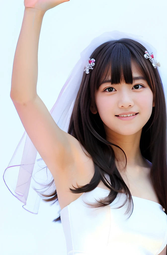 A girl,wedding dress,14 year old,bangs bangs,Upper body,White background,Armpit,(Black straight long hair),(raise both hands)