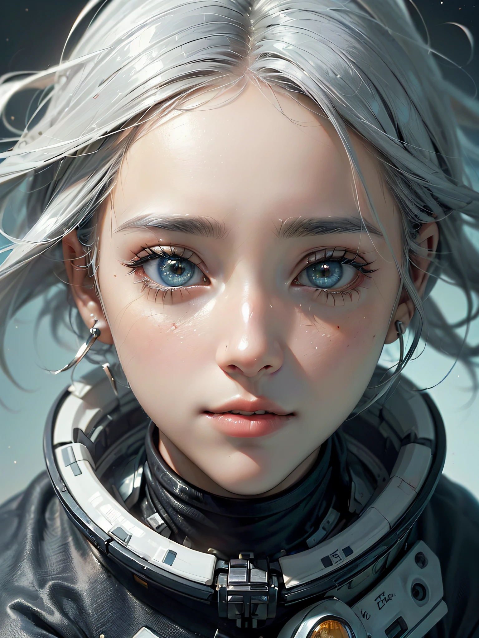 (Uma obra-prima de melhor qualidade em close-up:1.5)0.9], (Space and astronaut:1.2) (messy silver hair:1.1) (olhos amarelos com heterocromia e olhos azuis:1.2) (capacete espacial:1.0) (estrelas coloridas nos olhos:1.0) (luz radiante:1.1) (Big Lips:0.9)