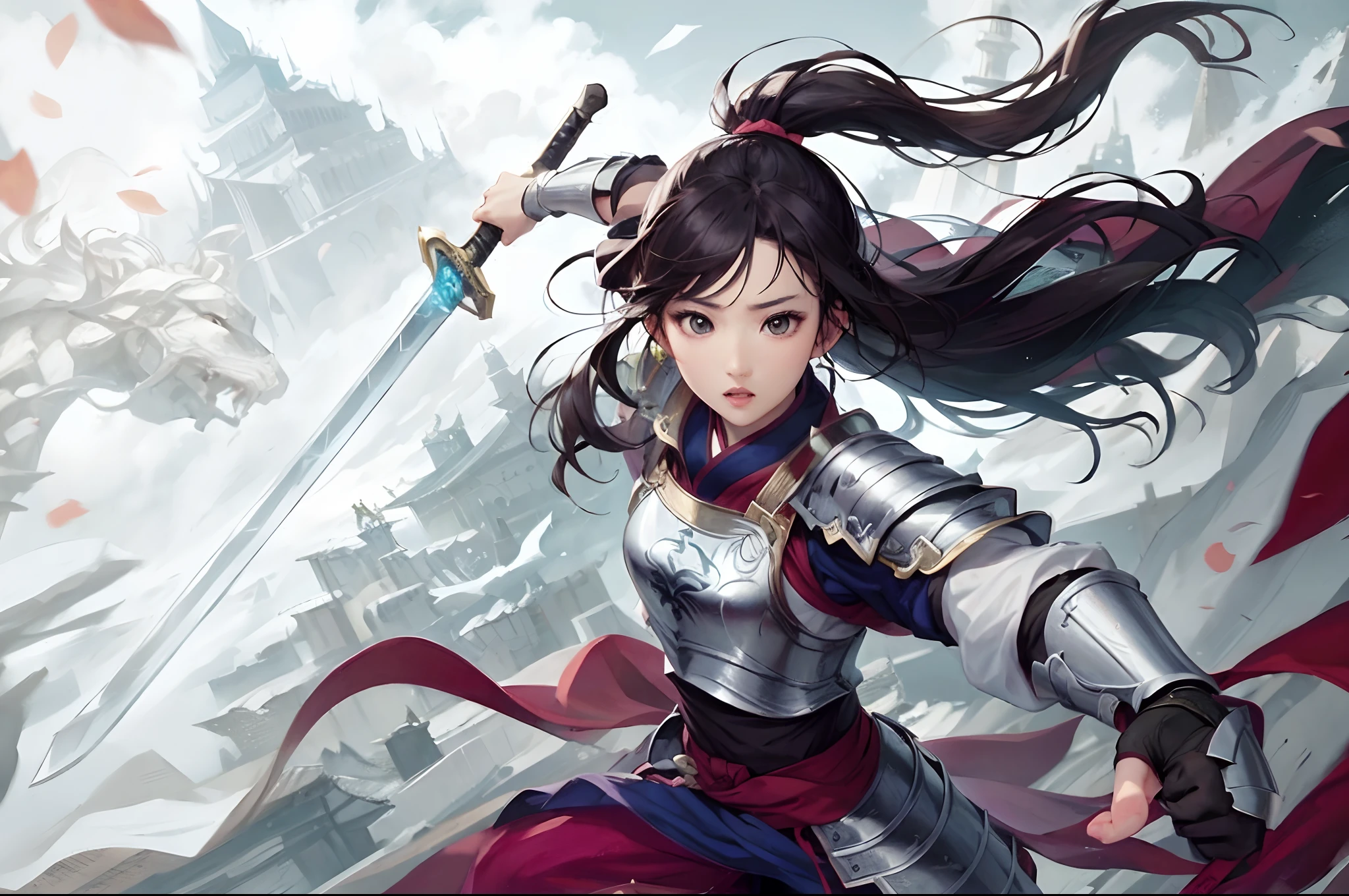 absurdres, highres, liuyifei wear armor, raise sword.