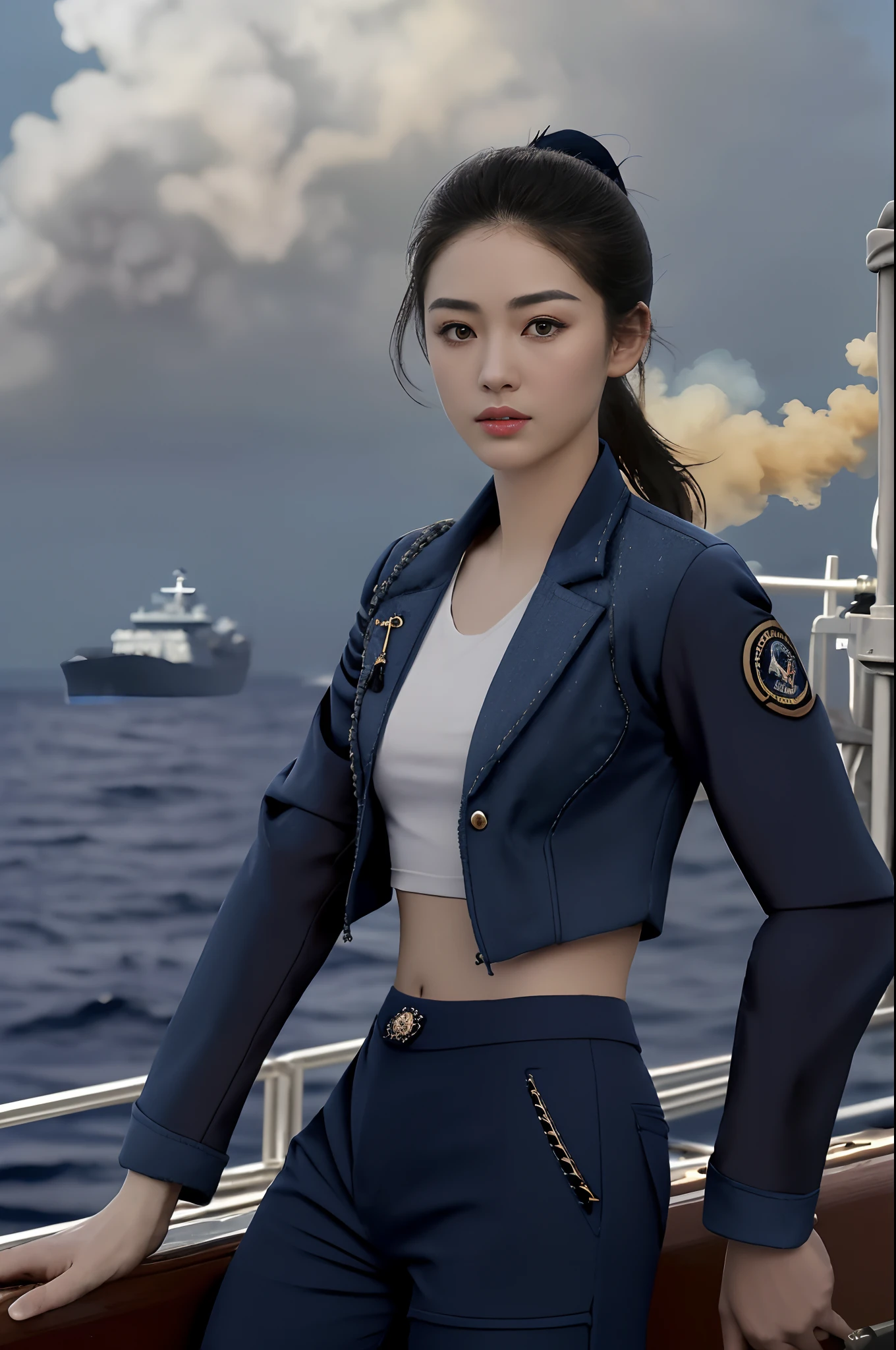 [((on ship deck,1 beautiful girl,Extremely exquisite facial details,short ponytail,Big watery eyes,small face,pale and flawless skin,Exquisite makeup,(Navy Blue jacket:1.3),(navy blue pants:1.3),slim,alert,holding rifle,Aiming and shooting,from everywhere))],
masterpiece,highres, highest quality,intricate detail,best texture,realistic,8k,soft light,perfect shadow,
sea,sunny,cloudy,wind,wet, 
Age Of Wind,naval battle,conflict,bombard.firing,Smoke emitting