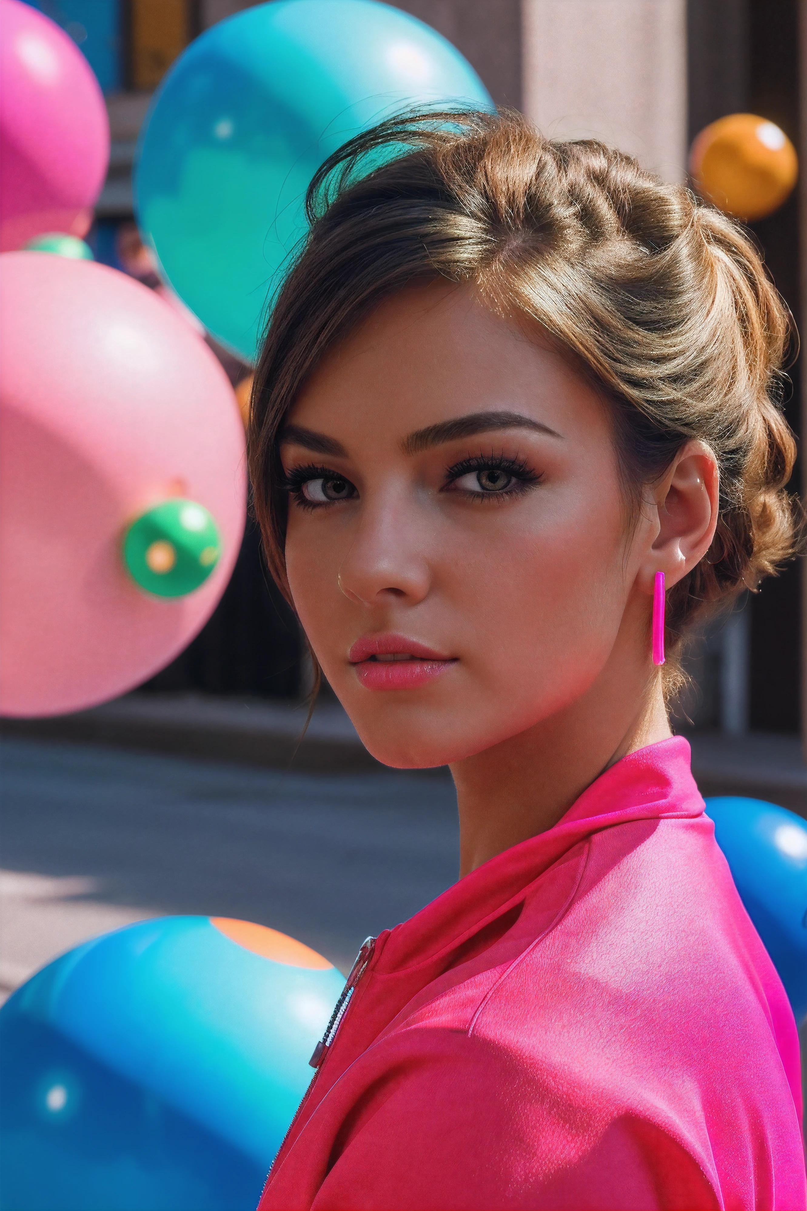 ((masterpiece)), best quality, realistic, realistic eyes, realistic hair, ultra detailed, (full-length portrait),  beautiful blonde dressed in tracksuit, ((surrounded by bouncing neon balls[dynamic motion:0.5])), (geometic shape background), 80s photoshoot, 80s fashion, ((running man dance)), (dynamic pose), ((neon colours)), soft focus, ((motion blur)), ((HDR))