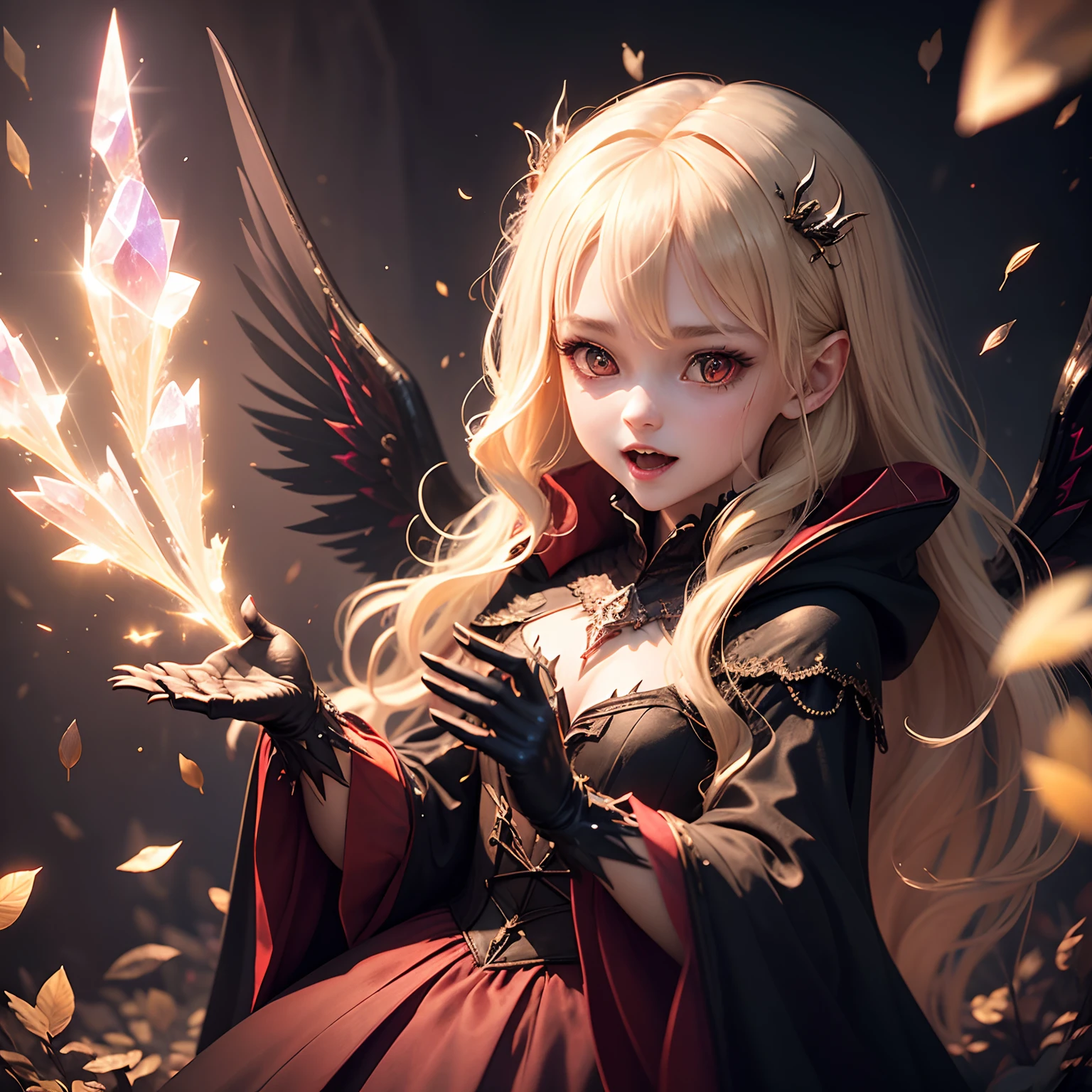 finest image, detailed and delicate depiction, deformed, cute vampire, shining big fangs, messy blonde medium hair, red dress and black cloak, wings, iridescent light glass crystal metal-plated fantasy room, background that emits fantastic light, light particles, light sparkles, iridescent light particles, many falling petals, professional lighting