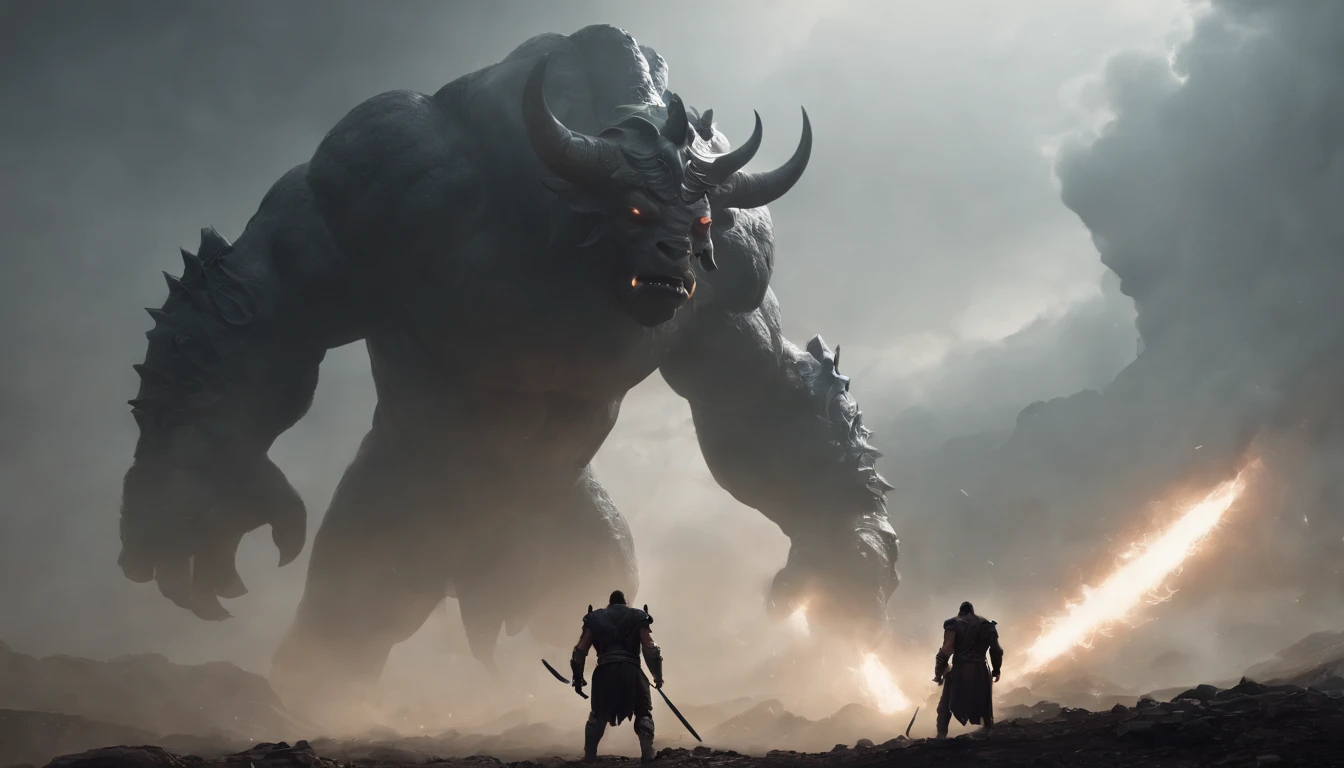 two warriors silhouettes standing in front of a massive Minotaur aggressively standing 100feet tall, located in a battlefield , concept art wallpaper 4k, sci-fi fantasy wallpaper, sci fi artwork, detailed sci-fi art, beautiful sci fi art, spaceships in the cloudy sky, concept art artwork masterpiece, concept art 4k, concept art 4 k, sci fi concept art, mystical sci-fi concept art