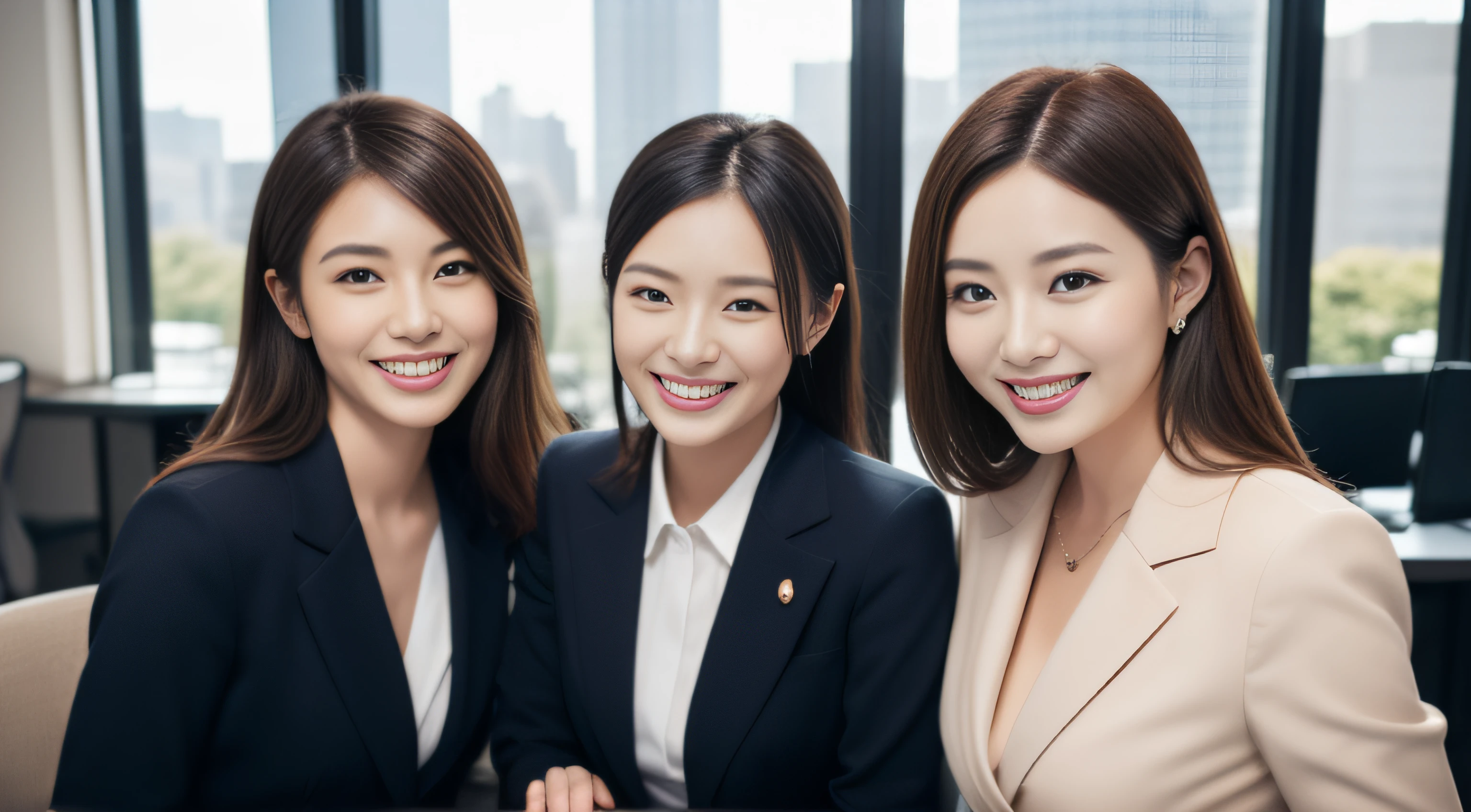 The face is a hostess、1 female、Outfit is navy blue business skirt suit、hiquality、A hyper-realistic、healthy、Smiling expression、Slender perfect figure、Japan beauties、beautidful eyes、face perfect、Beautiful skin、from side、Background is an office on a high floor、by the window