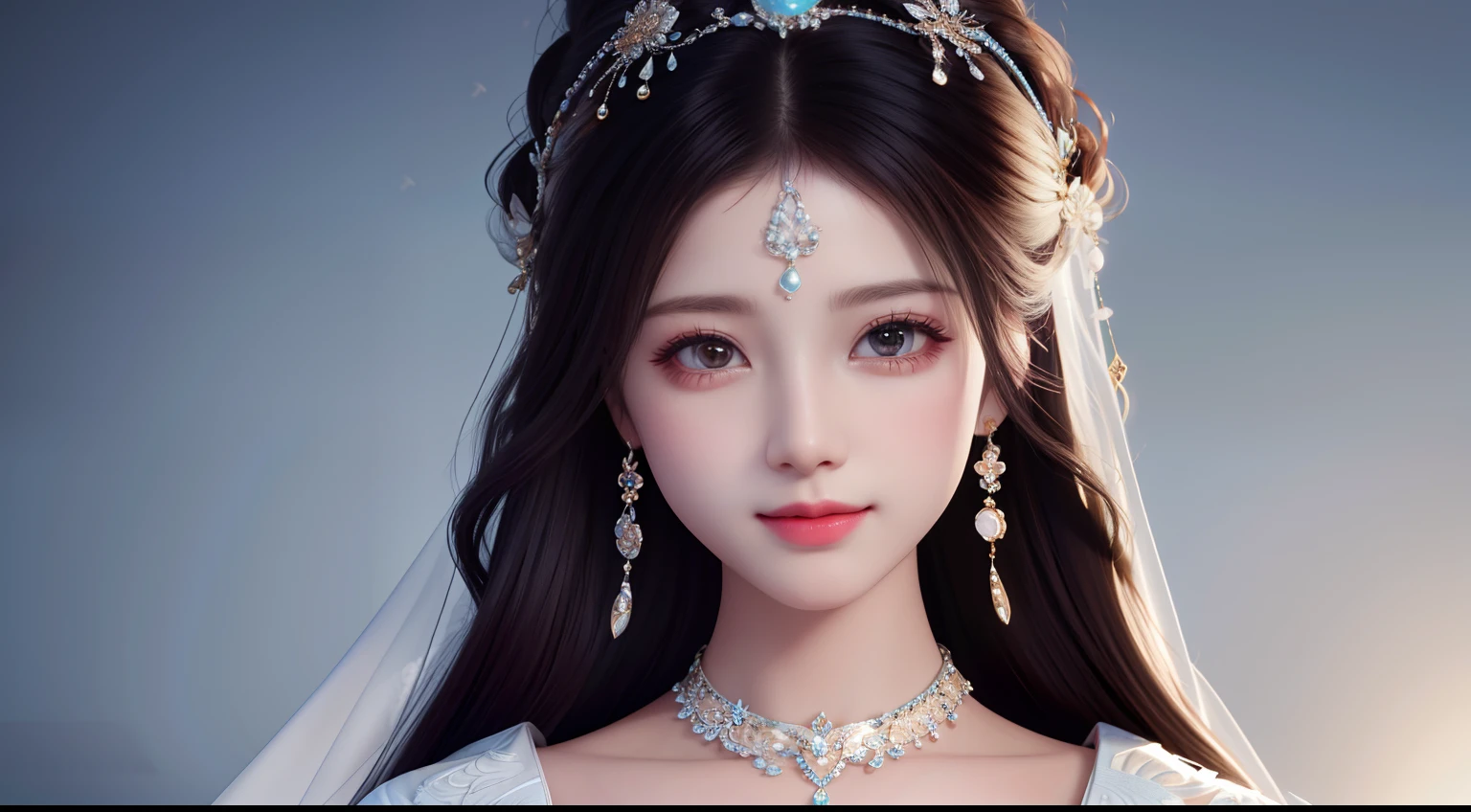 Best Quality, Masterpiece, High Resolution, 1girl, Clear Silk Porcelain Dress, Pretty Face, Hair Accessories, Look at the Audience, Smile, Close Mouth, Lips, Dress, Hair Accessories, Necklaces, Jewelry, Long Hair, Earrings, Beautiful Face, Body, Tindal Effect, Realism, Shadow Studio, Edge Lighting, Two-Color Lighting, (High Detail Skin: 1.2), 8k UHD, DSLR, Soft Light, High Quality, Volume Lighting, Photo, High Resolution 4K, 8k, Blurred Background