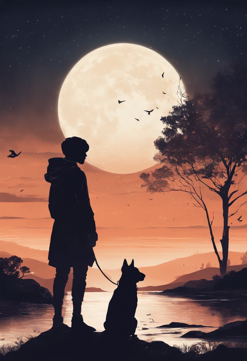 silueta de una persona mirando al cielo con su perro en un paisaje en la noche