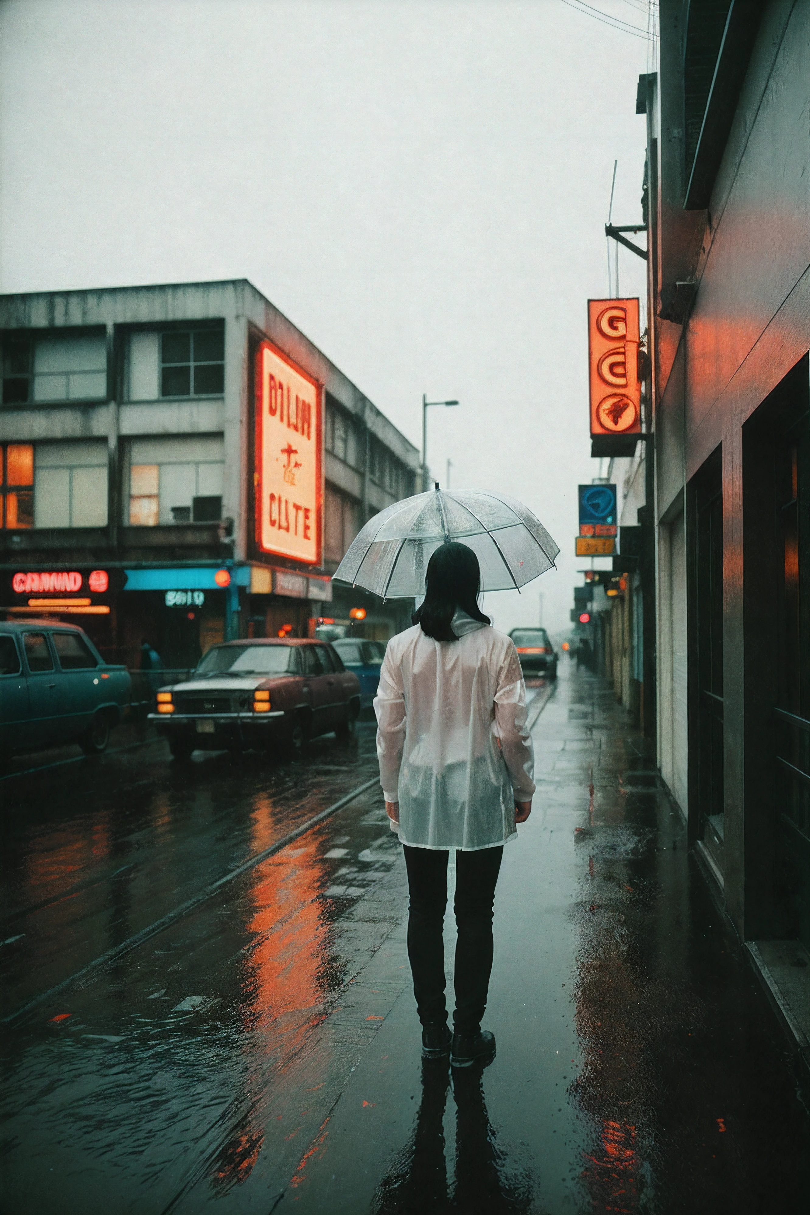 analog film photo anamr,balderunner,rainy,wearing wet white long shirt,neon city, faded film, desaturated, 35mm photo, grainy, vignette, vintage, Kodachrome, Lomography, stained, highly detailed, found footage