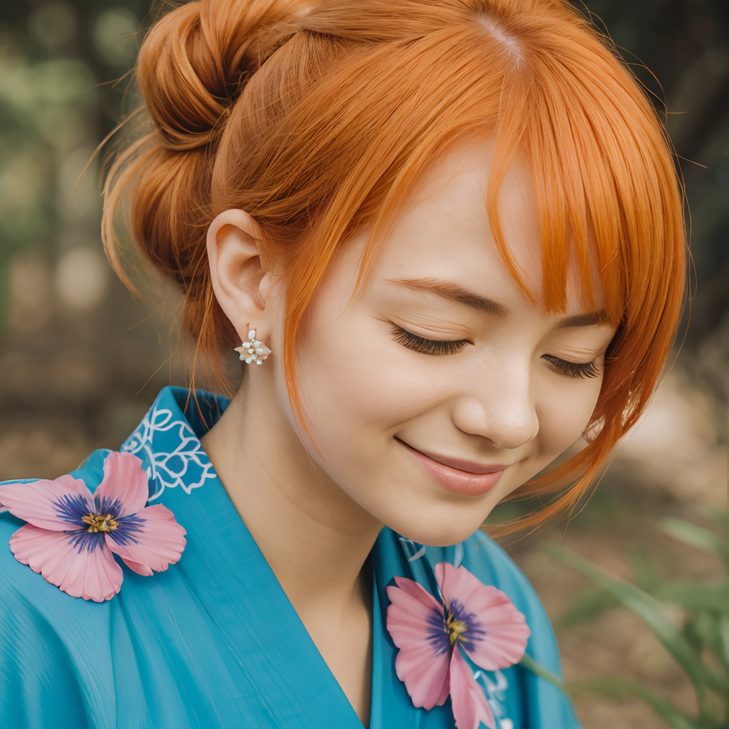 1lady, young, orange hair, closed eyes, smile, blue kimono with pink pattern, white earing