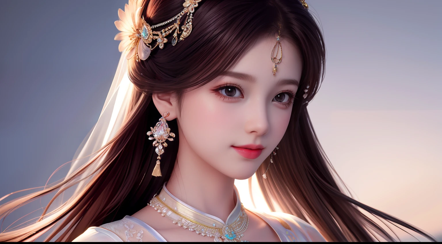 A woman with long hair wearing a tia and a necklace - SeaArt AI