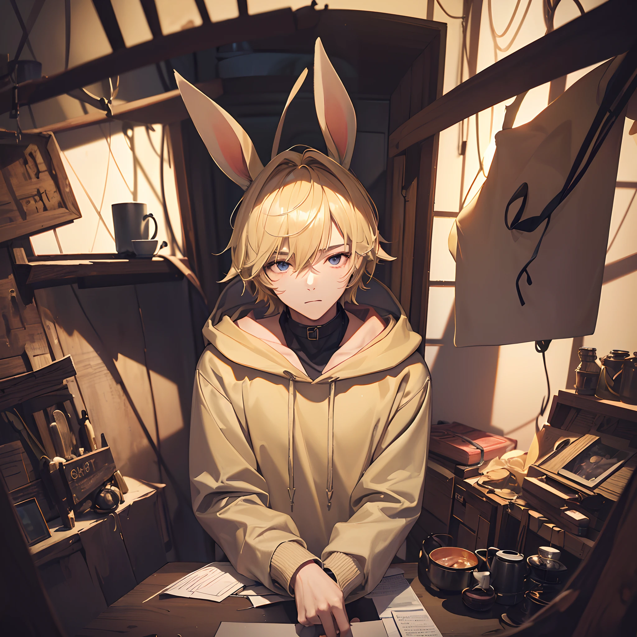 Master, masterpiece, 8K wallpaper, CG, super high picture quality, light and shadow effects ((a 18 year old man with short light blonde hair and a hoodie, with hood up, rabbit ears sewed onto the hood))