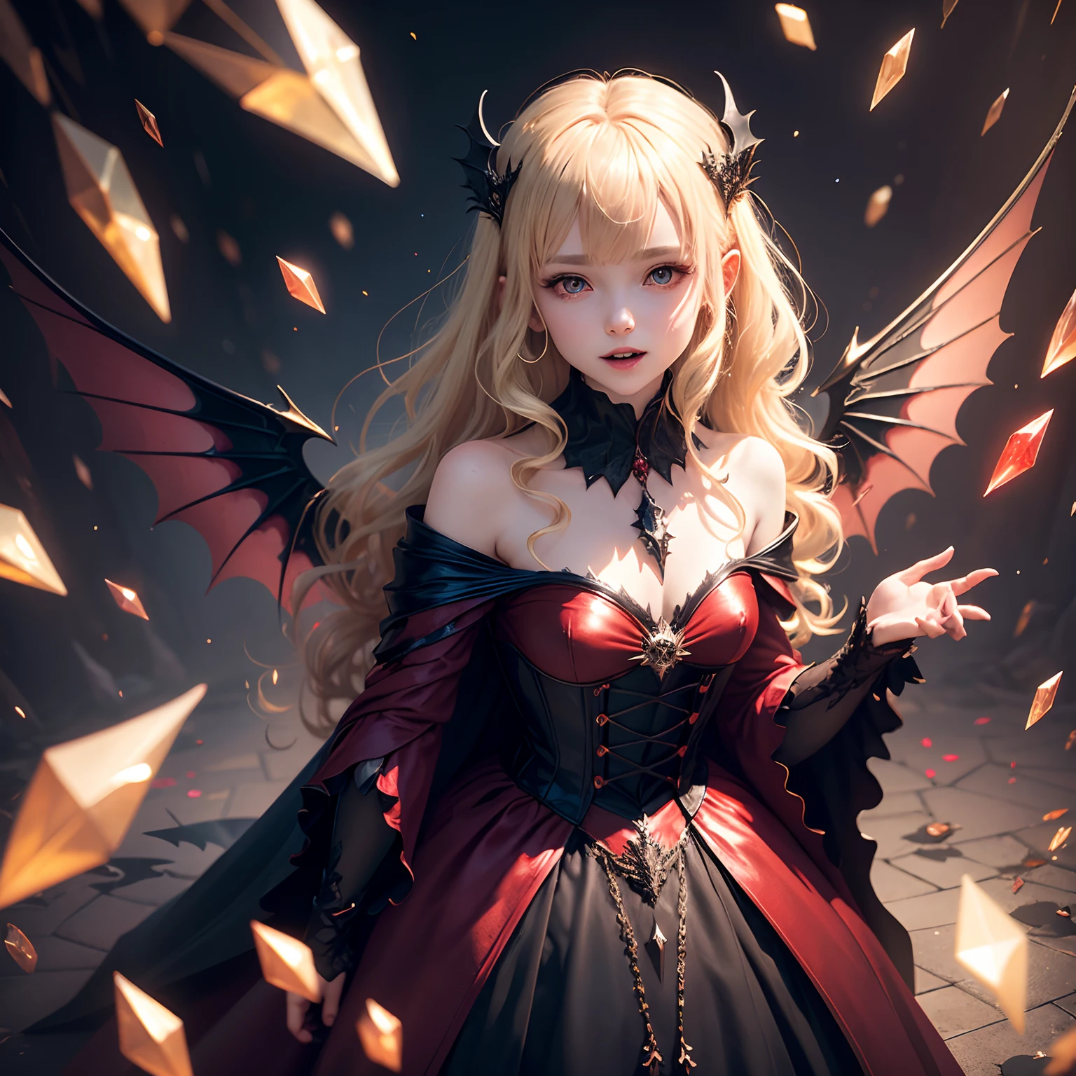 finest image, detailed and delicate depiction, deformed, cute vampire, cute shining fangs, messy blonde medium hair, red dress and black cloak, wings, iridescent light glass crystal metal-plated fantasy room, background that emits fantastic light, light particles, light sparkles, iridescent light particles, many falling petals, professional lighting