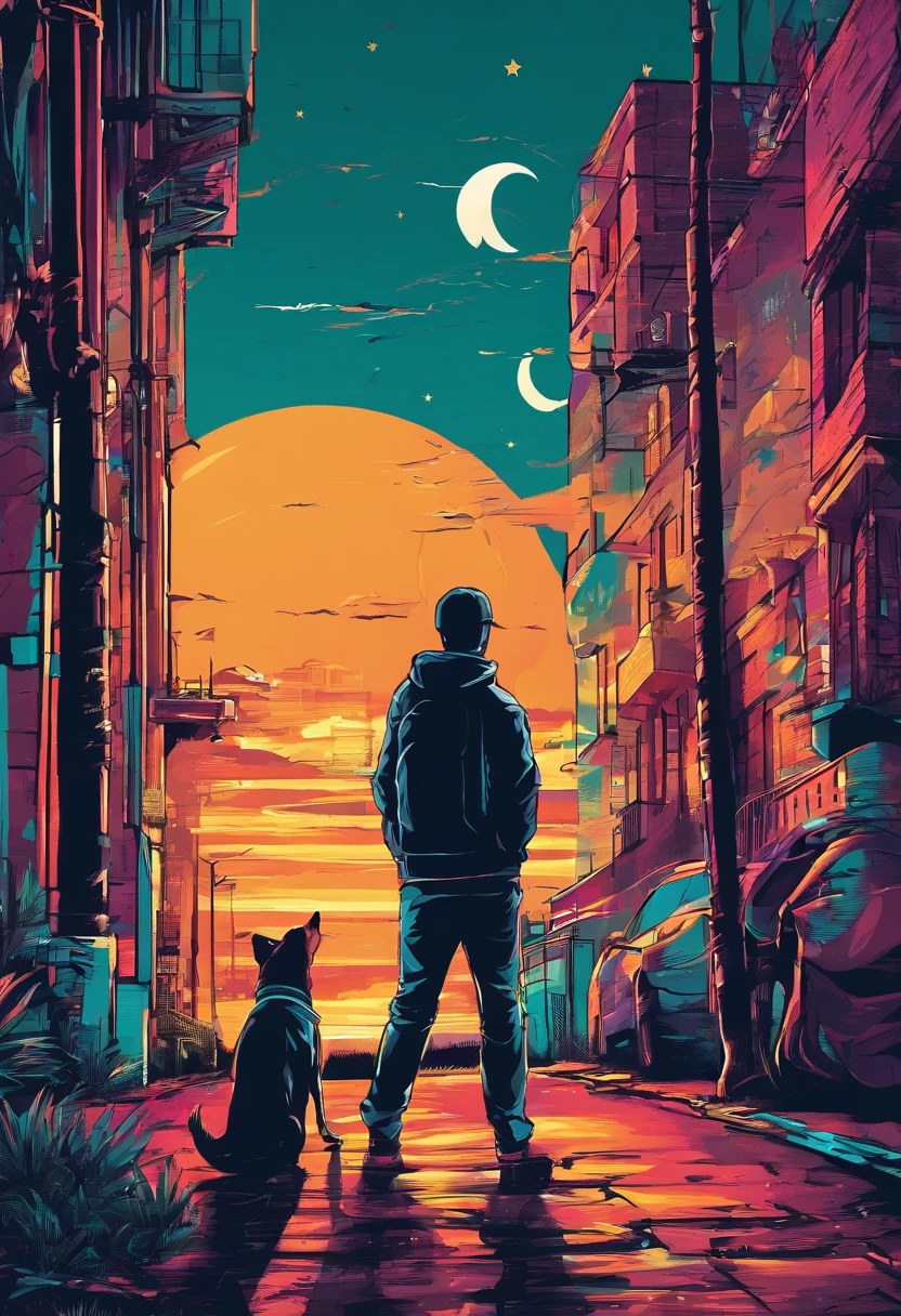 silueta de una persona mirando al cielo con su perro en un paisaje en la noche