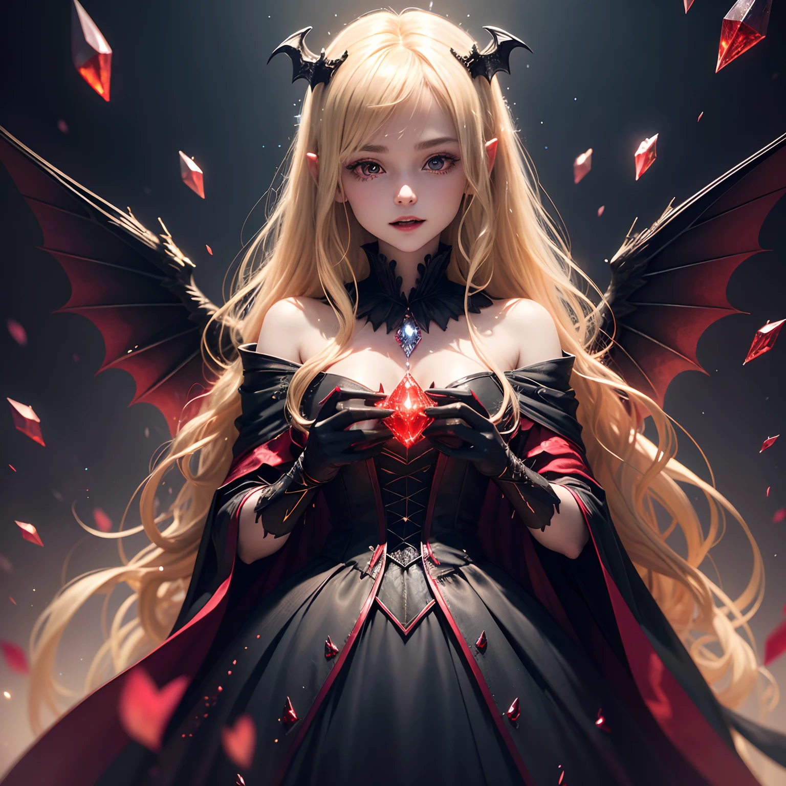 finest image, detailed and delicate depiction, deformed, cute vampire, cute shining fangs, messy blonde medium hair, red dress and black cloak, wings, iridescent light glass crystal metal-plated fantasy room, background that emits fantastic light, light particles, light sparkles, iridescent light particles, many falling petals, professional lighting