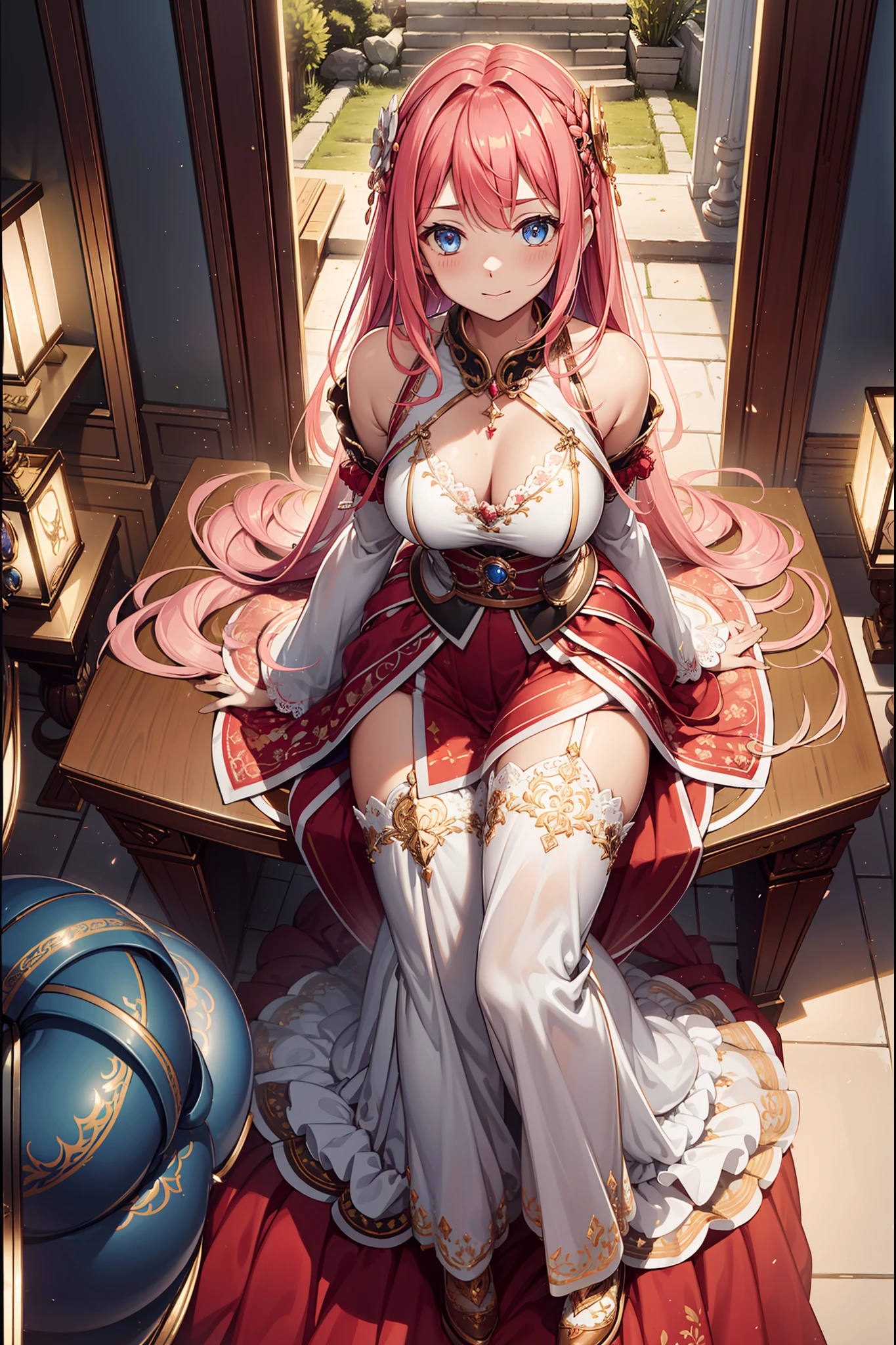 (Best quality, A high resolution, Textured skin, High quality, High details,Extremely detailed CG unity),(Light Gothic evening dress、ta prostitute、Court dress，Layered laundry，Intricate and gorgeous costumes)，teenrl，Enchanted，Divine happiness，In love，Pink hair，eBlue eyes，Maximalism，Delicate ruffles，detailed lace，Multi-colored cloth，Delicate embroidery，Delicate pattern，Sacred motifs，metal decoration，exquisite costumes，Suitable transparent clothing，Bedrooms，the night，Shine，(Dazzle:0.2)，Movie lighting，the night，solo person，Fluttering skirt，(Characteristics of the princess:0.5)，