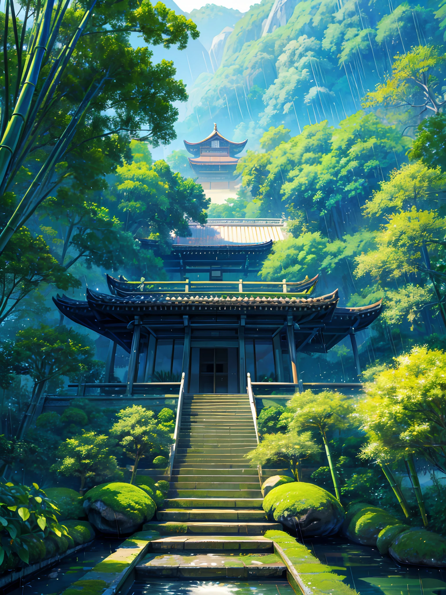 Pure landscape view、bamboo forrest、It was raining in the bamboo forest、bamboos、Bamboo leaves fall everywhere、Beautiful artistic conception、precipice、Green、Steps are clearly visible、China-style、Chinese characteristics、Pond lotus
