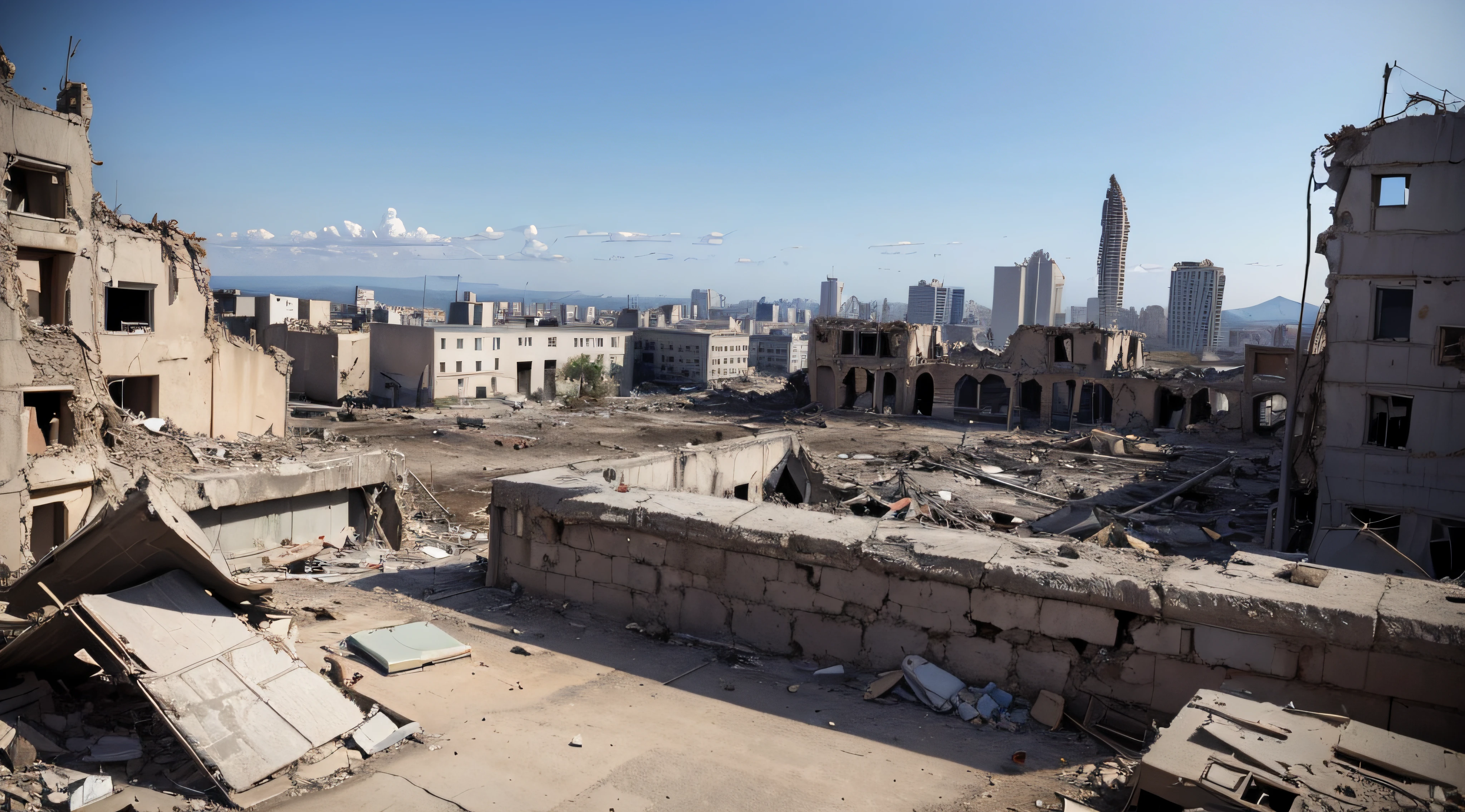 Ruin in a war zone with a damaged city