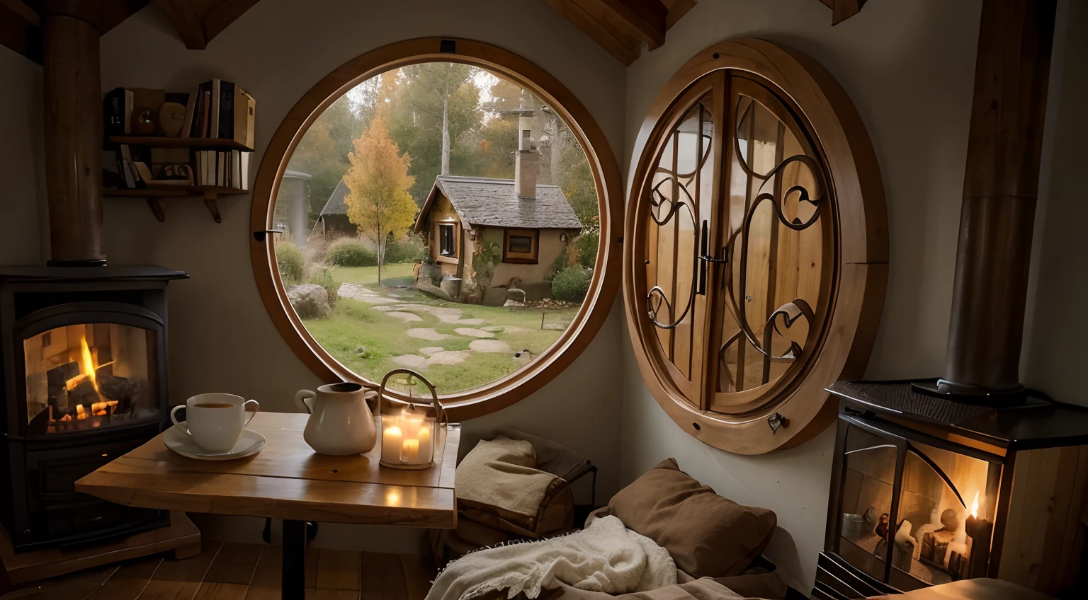 a cozy hobbit house, with two side fireplace , there's a table with coffee and a cup of coffee and candles, bookshelf in wall, in a autumn rainy day out