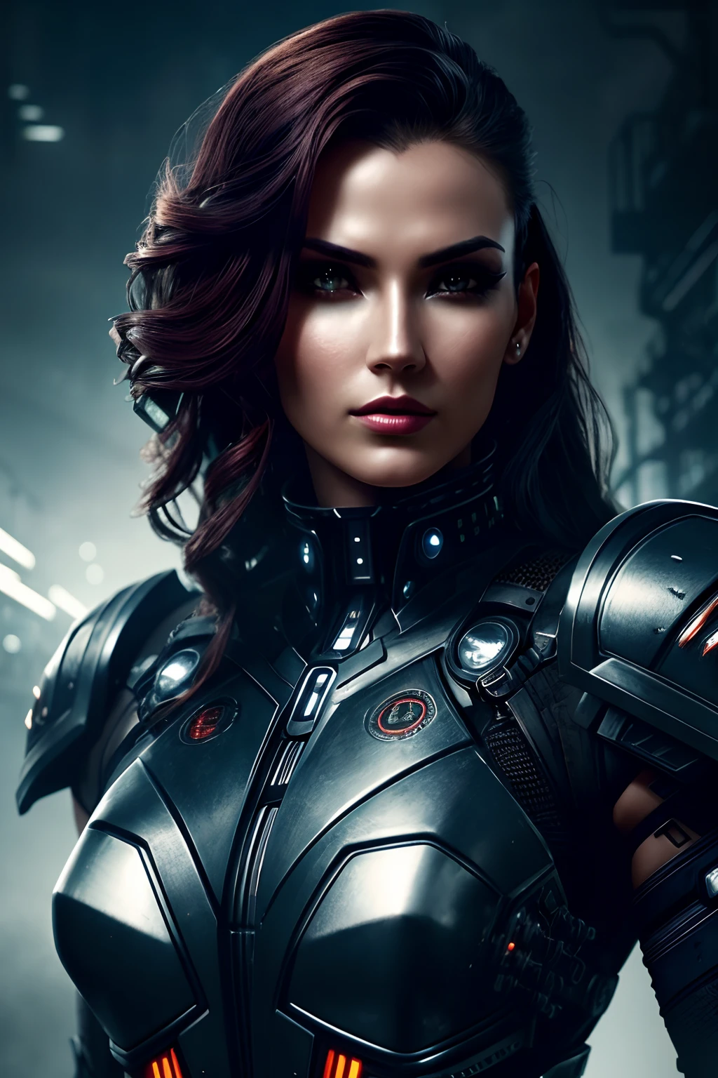 a beautiful woman cyborg warrior in the Style-RustMagic, cyberpunk augmentation, cyberware, cyborg, carbon fiber, chrome, implants, metal skull, cyber plate armor, (dark atmosphere:1.2), (fog & smoke), (dark night:1.3), scars, (dark medium length disheveled hair:1.1), (eyeshadow:1.1), (beautifully detailed glow:1.2), (Cinematic lighting), intricate detail, highres, rounded eyes, detailed facial features, sharp focus, smooth, aesthetic, detailed dark industrial factory background, stylish pose, dynamic pose, (dramapaint), (opt-6000:0.9)