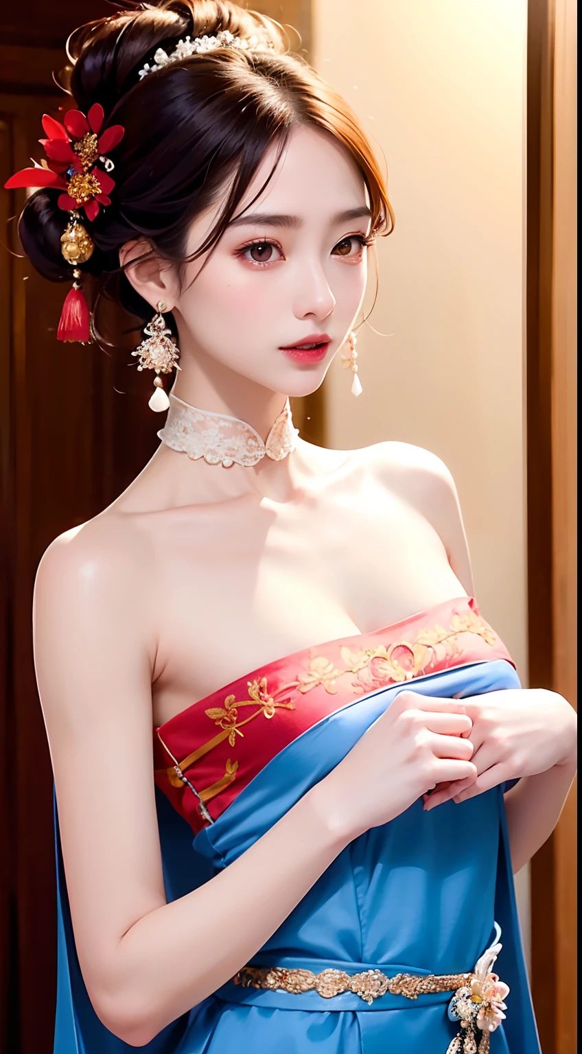 A high resolution，ultra real detailed，Realistic graphics，Ultra-clear image quality，Ray rendering，A woman in a cheongsam，Beautiful and moving，Ancient women's hair accessories，nipple tassels，Classic hairstyle，Colorful long classical cheongsam，Delicate facial features，Excellent figure，S-shaped curve，Smooth legs，Classical Chinese courtyard，Dim the lights of the palace，Show off your figure，focus person，（Stand sideways）