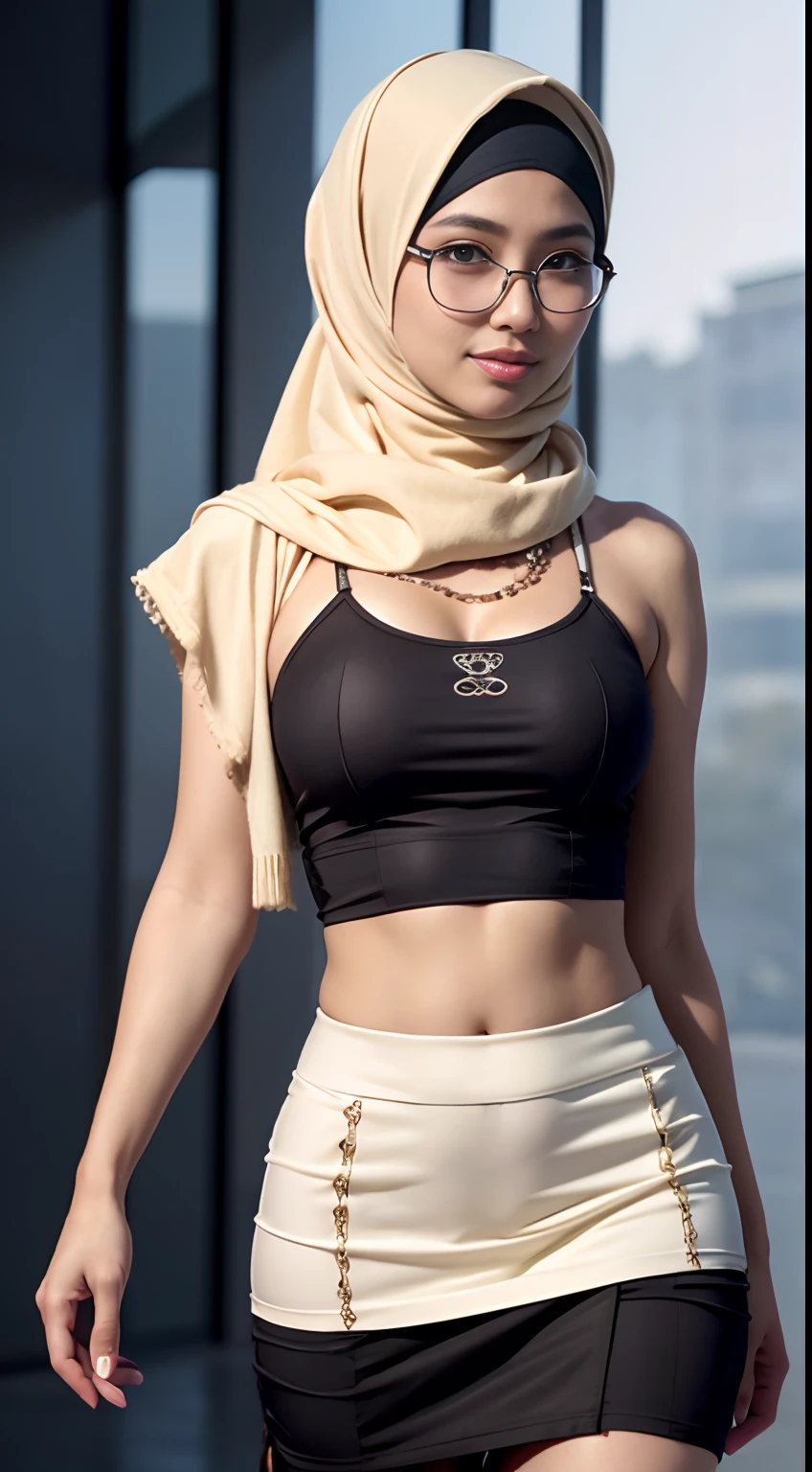cowboy_shot,(iu:0.8),cleavage, RAW, Best quality, high resolution, Masterpiece: 1.3, Beautiful glasses pearl_skinned hijabi javanese wearing futuristic croptop and miniskirt, Masterpiece, Soft smile