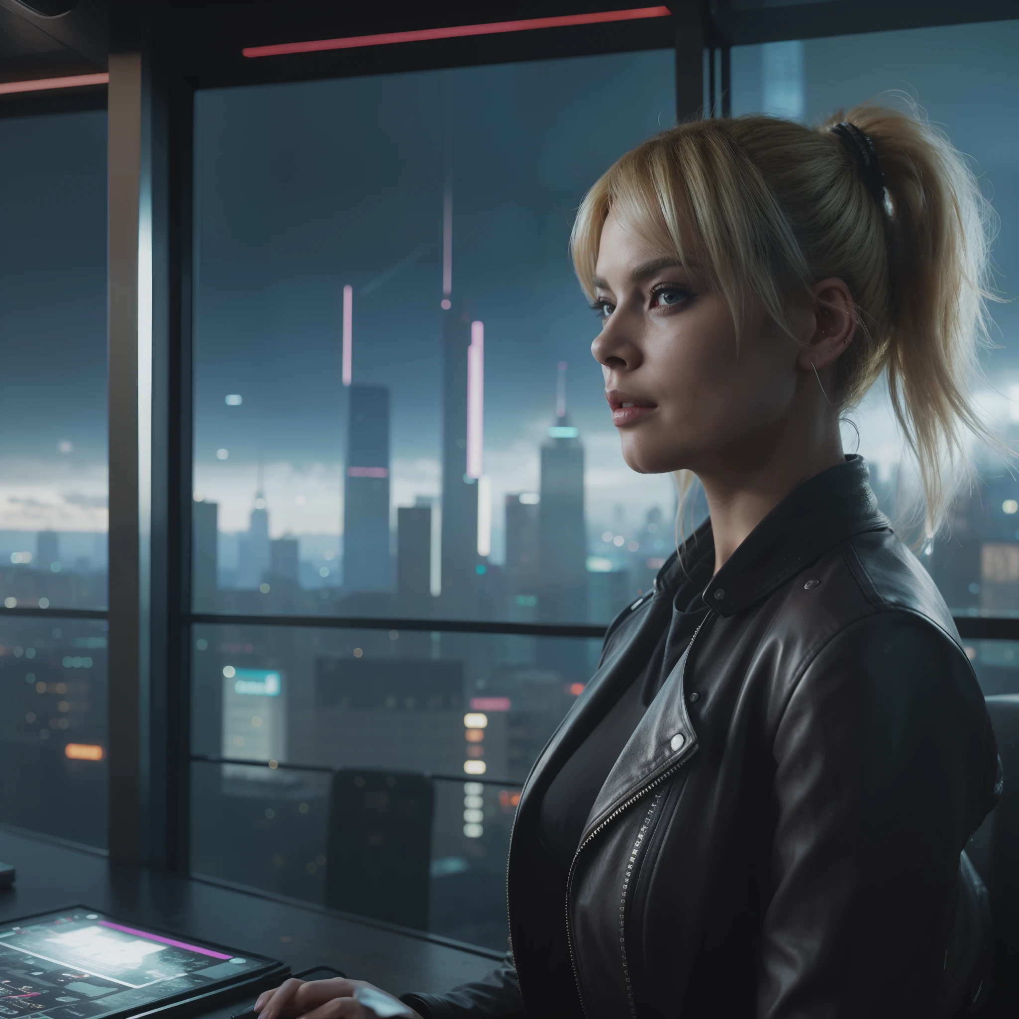 blond woman in leather jacket sitting at desk with city view, in cyber punk 2077, cyberpunk 2 0 y. o model girl, cyberpunk jackie welles, neon operator margot robbie, cyberpunk art ultrarealistic 8k, cyberpunk beautiful girl, cyberpunk judy alvarez, the cyberpunk girl portrait, margot robbie in gta v, cyberpunk girl, dreamy cyberpunk girl