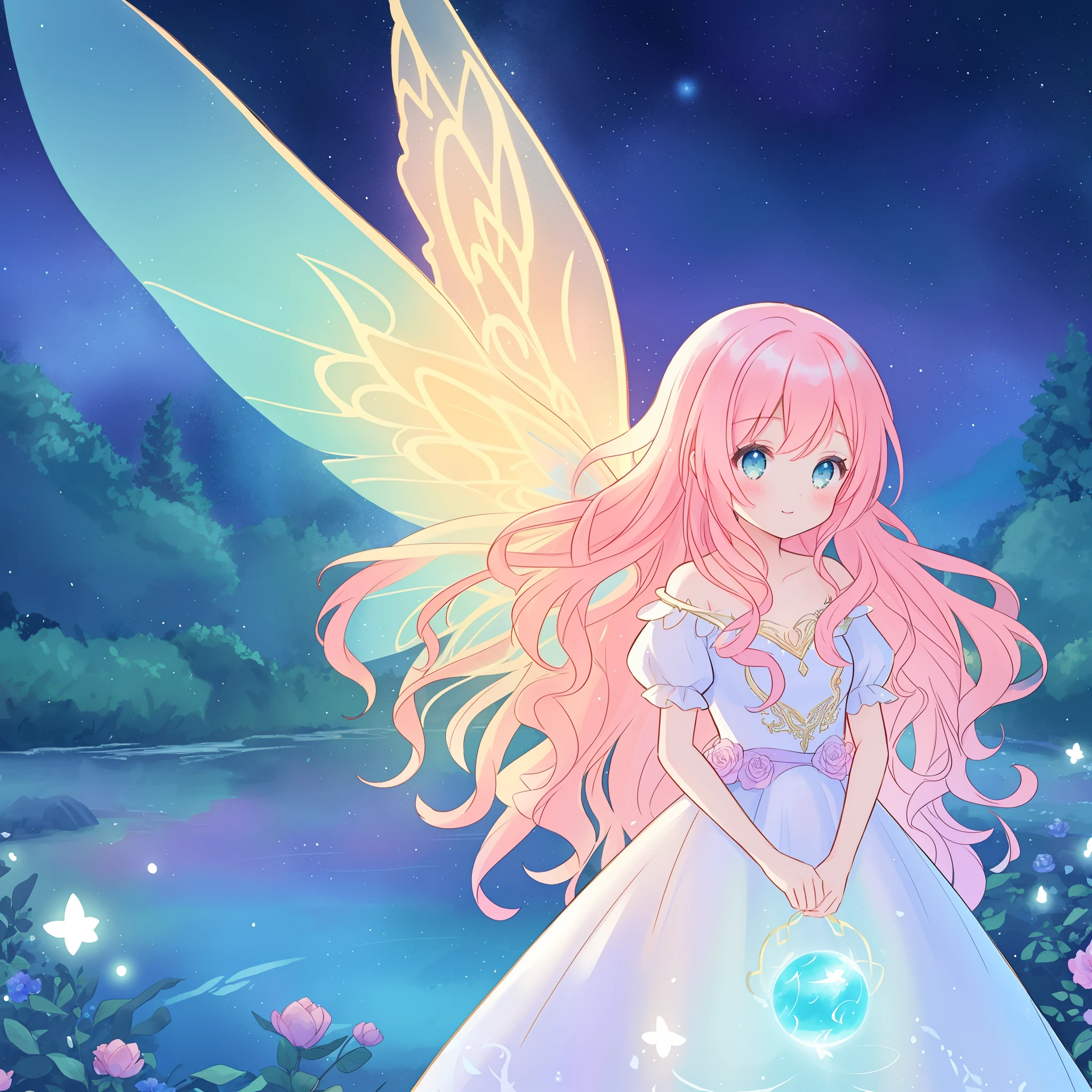 Beautiful girl in flowing layered ball gown dress, Fairy dress, Fairy queen, magical forest background, (Glowing fairy wings), Shining flowing ball gown, Long wavy hair, Sparkling fairy wings, Watercolor illustration, Flowers and colorful plants, Inspired by Glenn Keane, inspired by Lois van Baarle, Disney Art Style, Lois Van Barr, An aura that shines around her, Glenn Keane, jen bartel, glowing lights! Digital Painting, flowing glowing hair, glowing flowing hair, beautiful digital illustrations, Fantasia otherworldly landscape plants flowers, Beautiful, masutepiece, Best Quality, Anime Disney Style