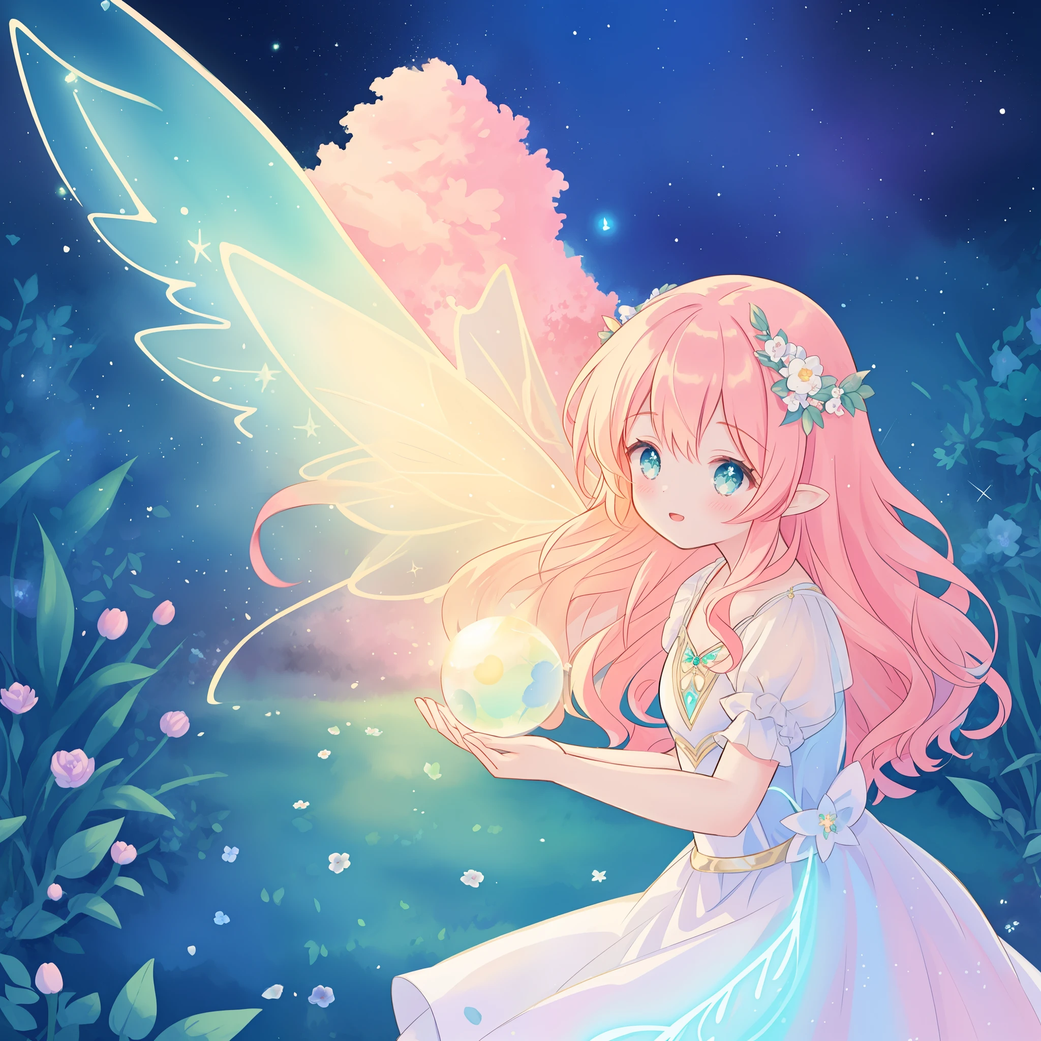 Beautiful girl in flowing layered ball gown dress, Fairy dress, Fairy queen, magical forest background, (Glowing fairy wings), Shining flowing ball gown, Long wavy hair, Sparkling fairy wings, Watercolor illustration, Flowers and colorful plants, Inspired by Glenn Keane, inspired by Lois van Baarle, Disney Art Style, Lois Van Barr, An aura that shines around her, Glenn Keane, jen bartel, glowing lights! Digital Painting, flowing glowing hair, glowing flowing hair, beautiful digital illustrations, Fantasia otherworldly landscape plants flowers, Beautiful, masutepiece, Best Quality, Anime Disney Style