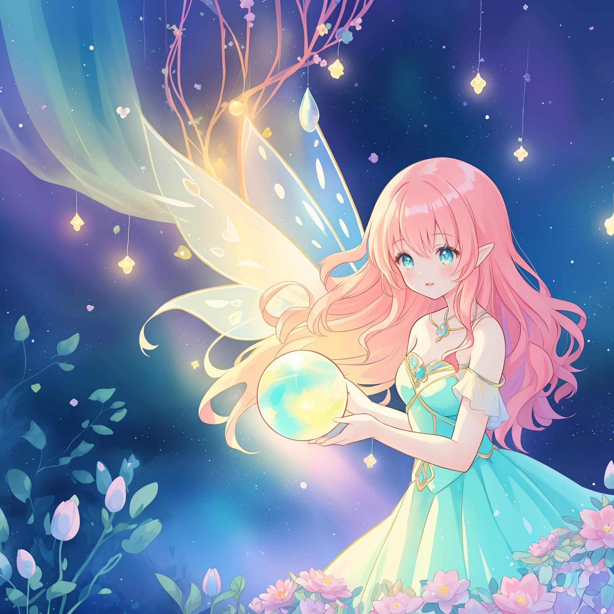 Beautiful girl in flowing layered ball gown dress, Fairy dress, Fairy queen, magical forest background, (Glowing fairy wings), Shining flowing ball gown, Long wavy hair, Sparkling fairy wings, Watercolor illustration, Flowers and colorful plants, Inspired by Glenn Keane, inspired by Lois van Baarle, Disney Art Style, Lois Van Barr, An aura that shines around her, Glenn Keane, jen bartel, glowing lights! Digital Painting, flowing glowing hair, glowing flowing hair, beautiful digital illustrations, Fantasia otherworldly landscape plants flowers, Beautiful, masutepiece, Best Quality, Anime Disney Style