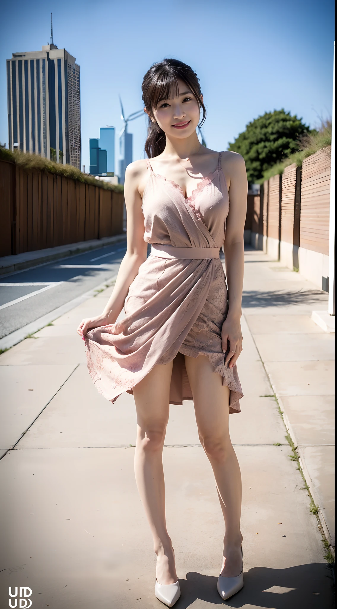 (Best quality, 8k, 32k, Masterpiece, UHD:1.2),Photo of Pretty Japanese woman,(sad smile,blush:1.1),looking at viewer,(beautiful detailed dress skirt:1.2),detailed legs,(spread legs:0.9),(lace panties:0.9),(wind lift:1.5), full body,windy,city,outdoors