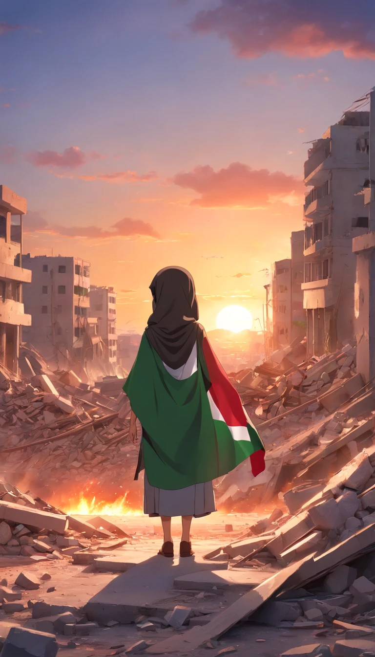 palestine flag, sunset, Palestine earthquake, one little hijab girl from behind waving Palestine flag looking at rubble and destruction, somber, hope, (masterpiece:1.1) (best quality) (detailed) (intricate) (8k) (HDR) (cinematic lighting) (sharp focus:1.1), Palestine flag, hijab, muslim