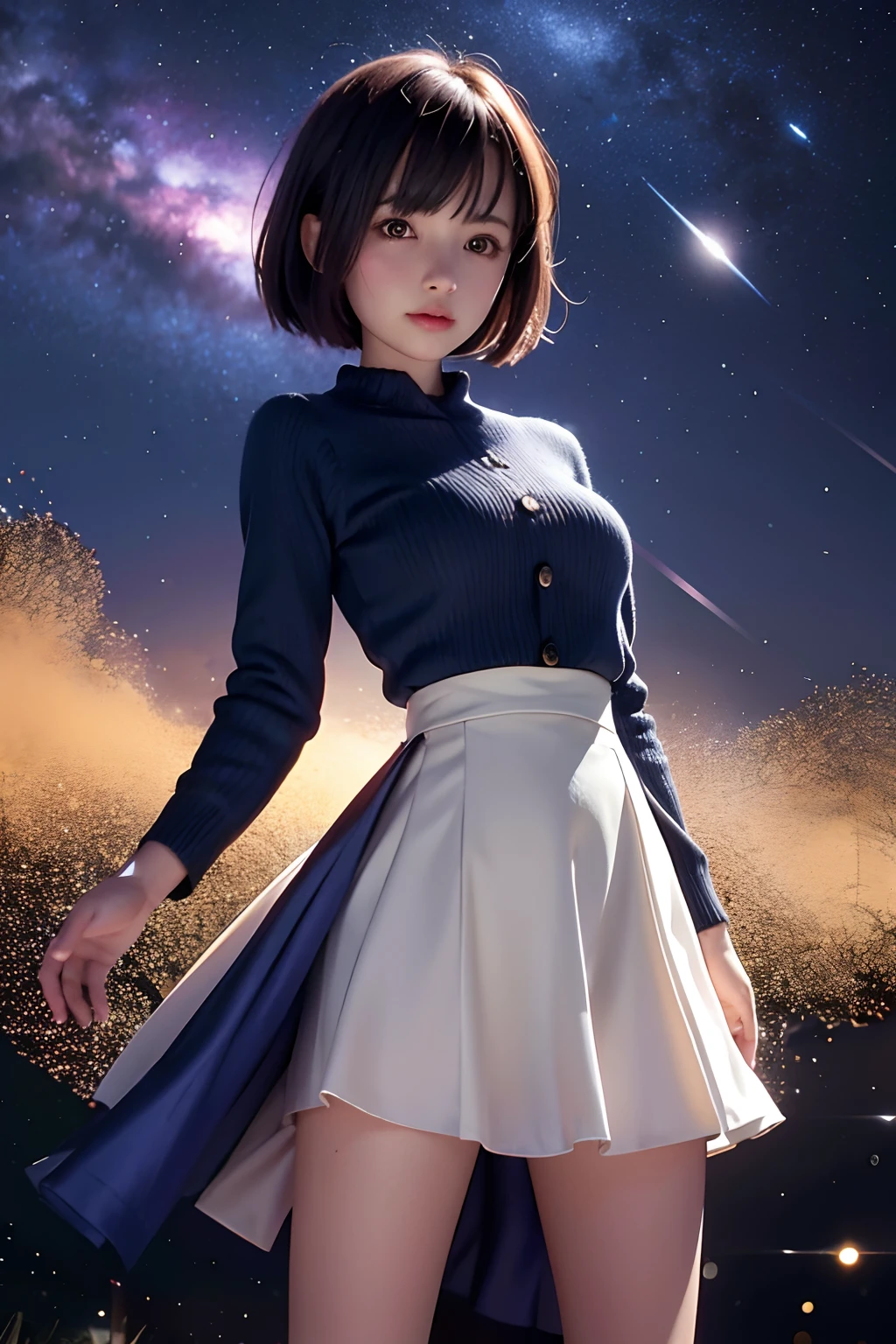 25-year-old girl, Bust photo, short hair, half body shot, The background is a shooting star streaking across the dark sky