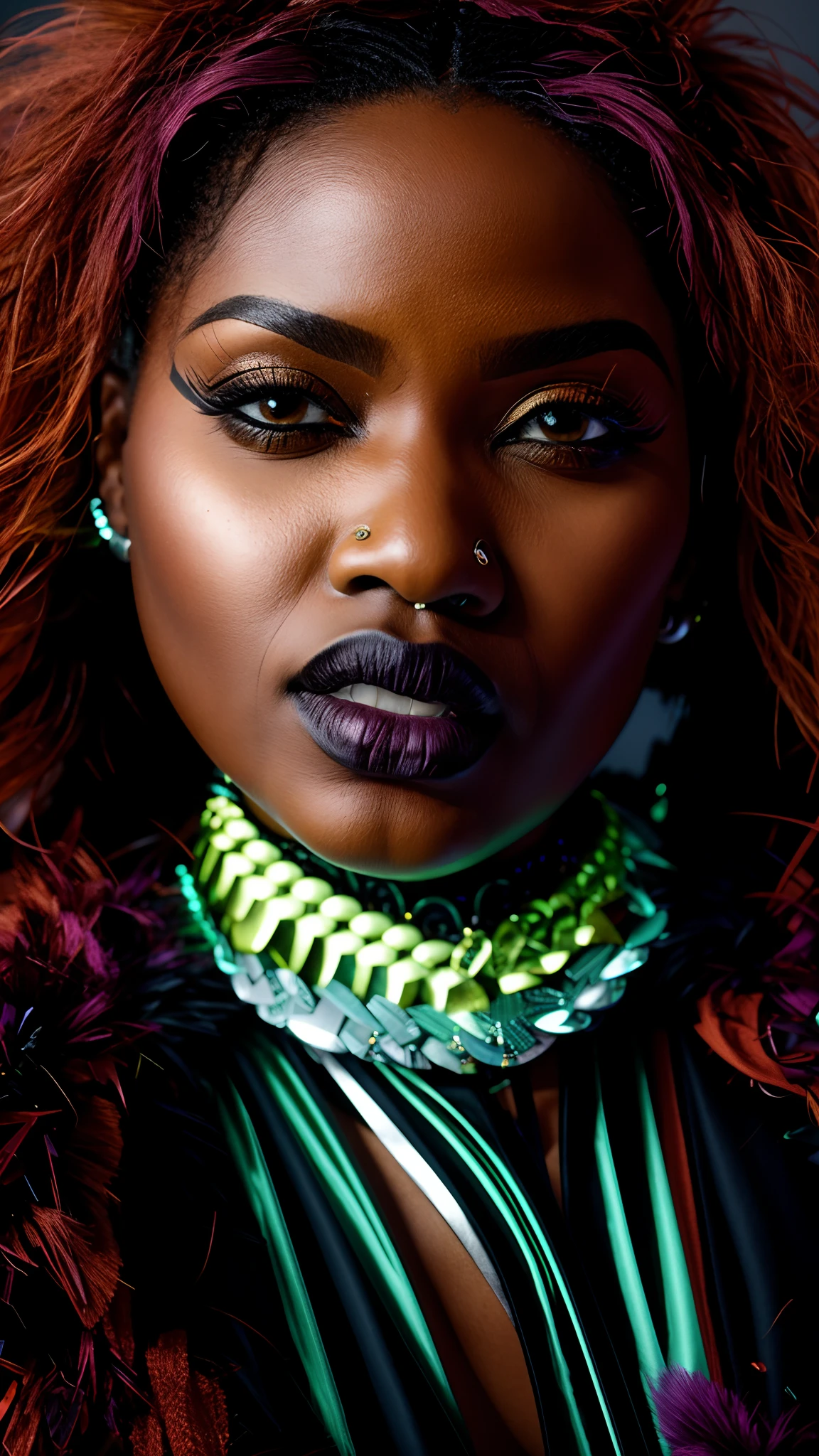 um close up de uma mulher com cabelos ruivos e uma jaqueta preta, senhora sedutora, photo shoot, atitude de olhar desafiador, african necklaces, futurism, cyber punk, wearing african tribal, tribal african clothes and necklaces, orisha, ultra quality, intricate details