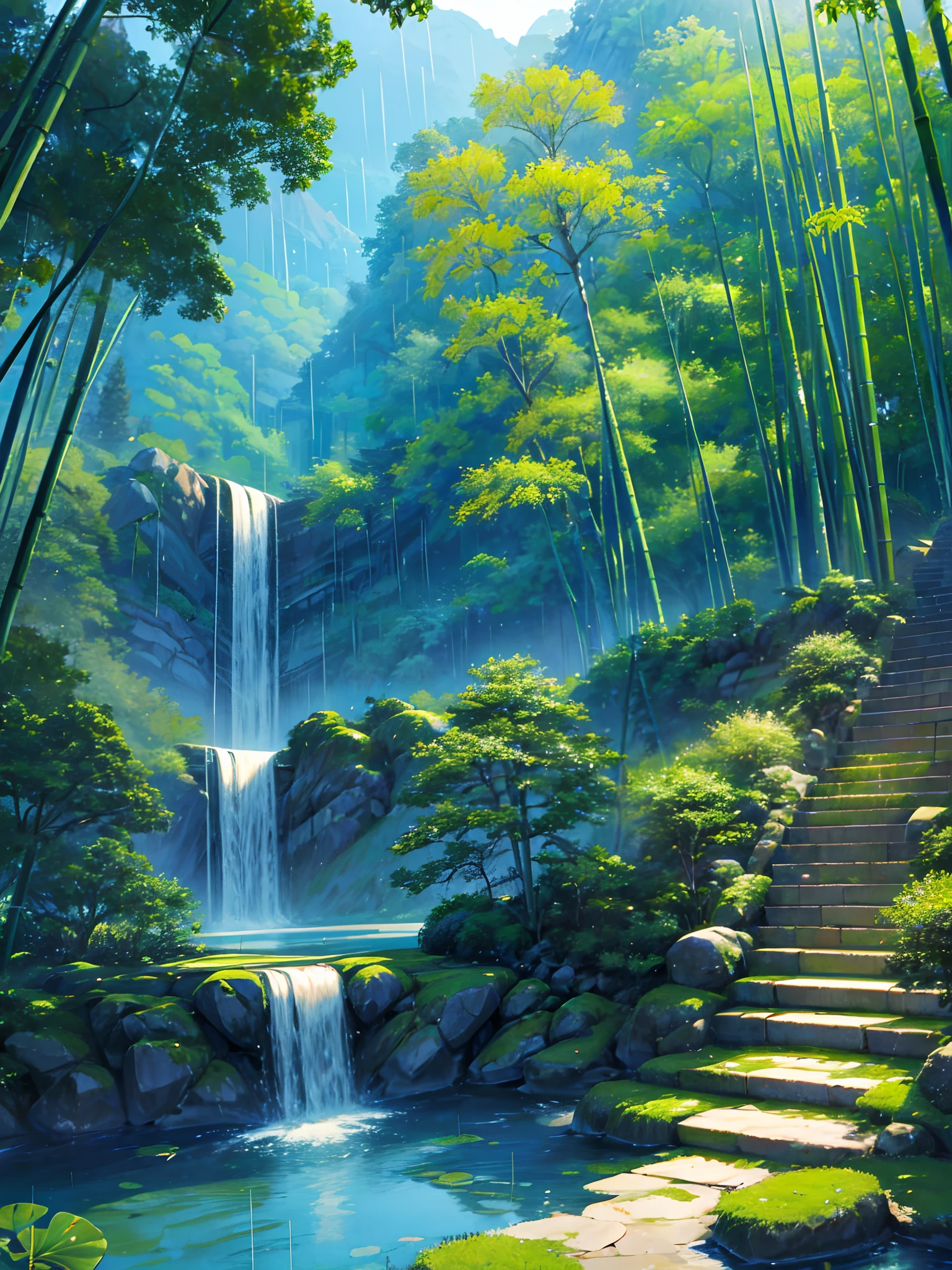 Pure landscape view、bamboo forrest、It was raining in the bamboo forest、bamboos、Bamboo leaves fall everywhere、Beautiful artistic conception、precipice、Green、Steps are clearly visible、China-style、Chinese characteristics、Pond lotus