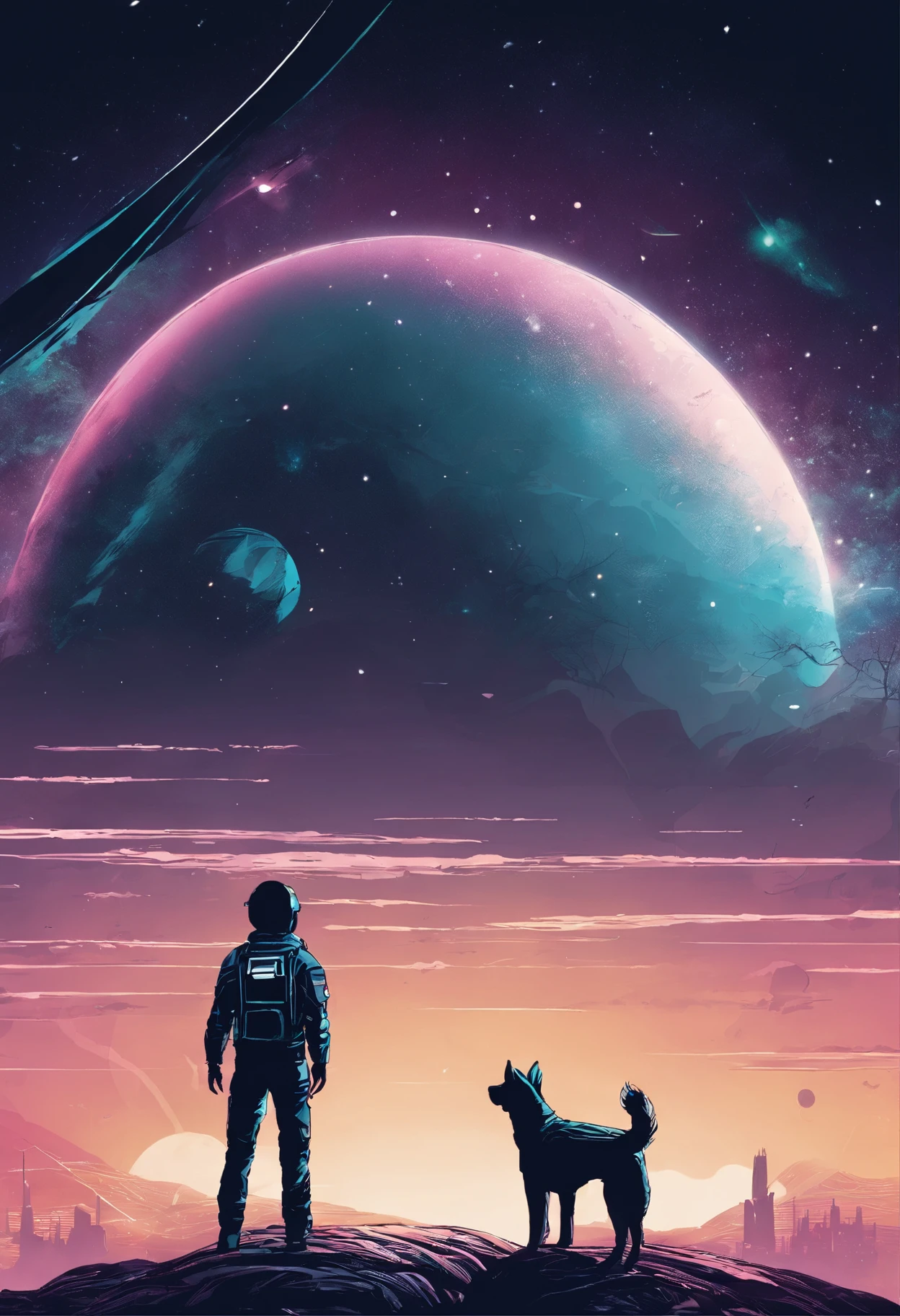 silueta de una persona mirando al cielo con su perro en un paisaje en la noche