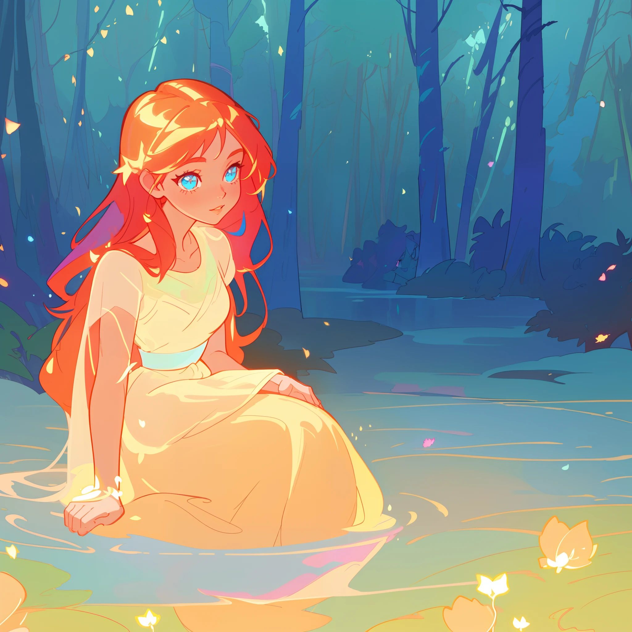 beautiful girl in simple white dress, long red hair, forest background, beautiful girl sitting in a river, forest landscape, nature, beautiful girl, beautiful face, vibrant pastel colors, (colorful), magical lights, sparkling lines of light, inspired by Glen Keane, inspired by Lois van Baarle, disney art style, by Lois van Baarle, glowing aura around her, by Glen Keane, jen bartel, glowing lights! digital painting, flowing glowing hair, glowing flowing hair, beautiful digital illustration, fantasia background, whimsical, magical, fantasy, beautiful face, ((masterpiece, best quality)), intricate details, highly detailed, sharp focus, 8k resolution, sparkling detailed eyes, liquid watercolor