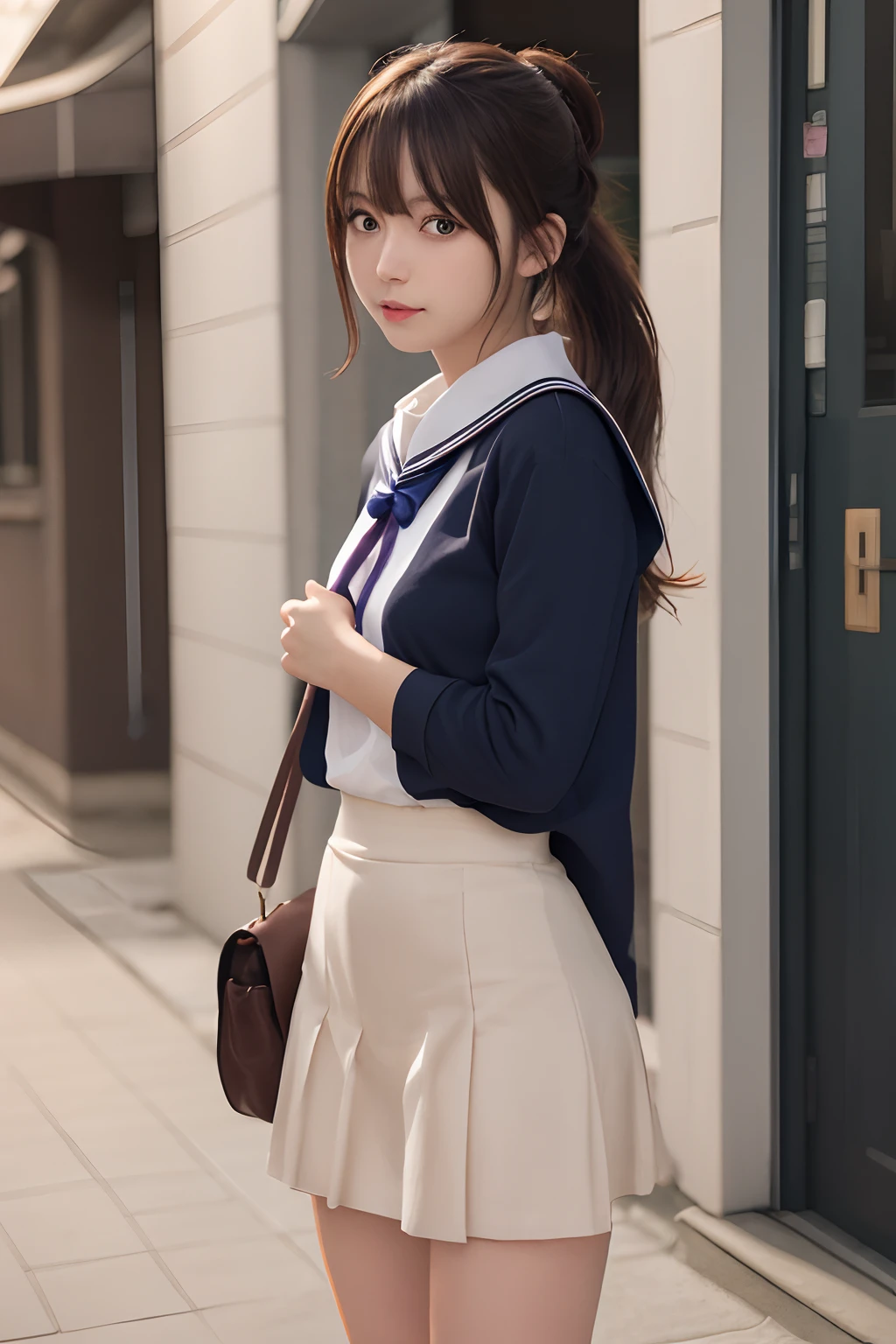 masutepiece, Best Quality, One girl, (a beauty girl, kawaii:1.3), ( age:1.3), Very fine eye definition, (Symmetrical eyes:1.3), NSFW, (girlfriend、Schools、is standing:1.2), (a beauty girl:1.3), Petite bust、 Brown eyes, Parted bangs, Brown hair, Petite girl、The whole body is visible、Esbian、(A slender)、(Open legs:1.5)、(High Ponytail、put out the tongue)、(arms behind back)、learning forward、Looking Up、frombelow、(Raw photo:1.4)、(Photorealsitic:1.3)、(​masterpiece)、top-quality、top-quality、the Extremely Detailed CG Unity 8K Wallpapers、Detailed and complex、Original、hight resolution、
\\
1girl in、独奏、middlebreasts、(eye liner:0.2)、(red blush:0.5)、hair clips、Look at viewers、NSFW、
\\
University、pupils on、校服、Sailor collar、Bobby Socks、a school bag、pleatedskirt、
\\
beautifullydetailedbackground、depth of fields、realisitic:1.3、(ambient lights:1)、(Neon light:0.1)、(nffsw:1)、(Studio Lighting:1.5)、(pantyshot:1.2)、frombelow、(Whole body)