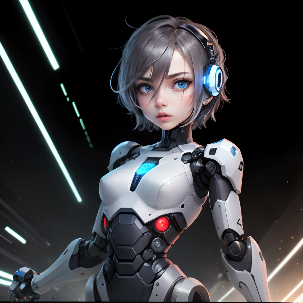 Robot with two routes, black and silver color, square head, blue eyes with lazer and one arm