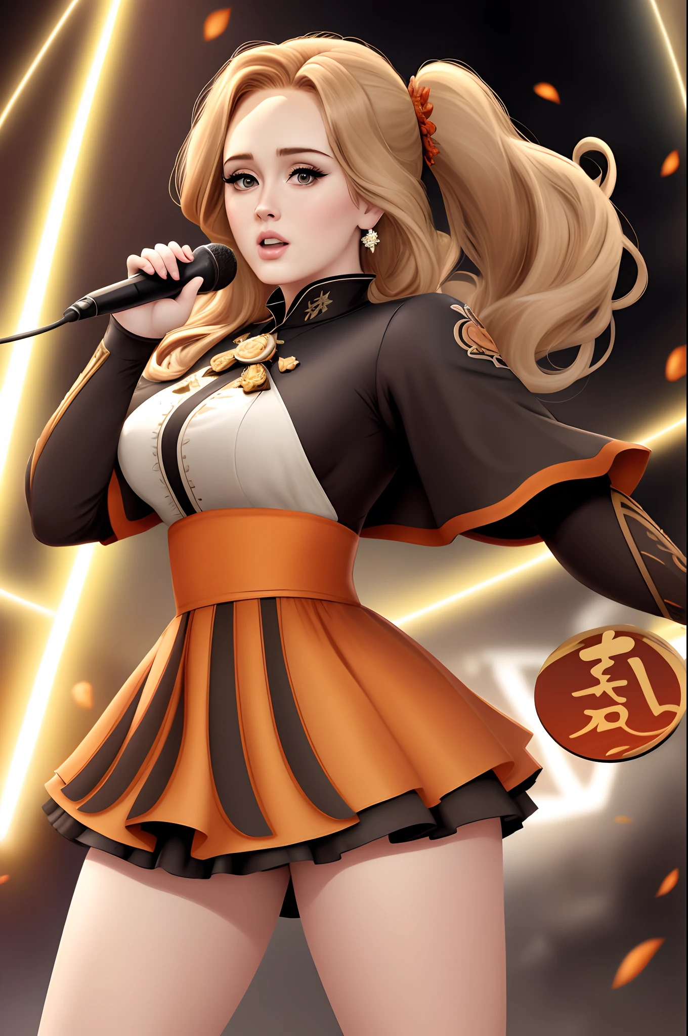 Adele como personagem de genshin impact. detailed cenary. elemento da terra, pedra , roupas da cor laranja