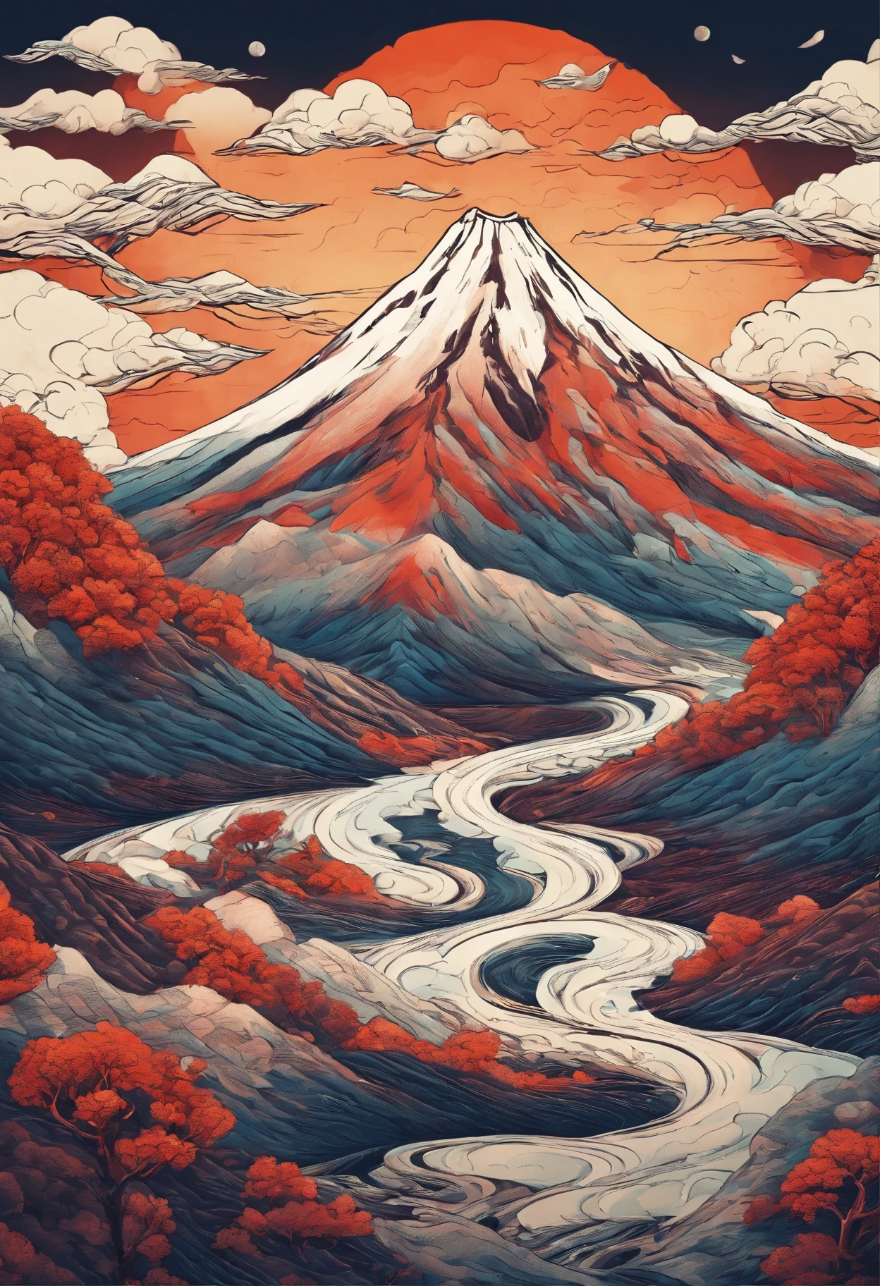 Katsushika Hokusai,Close-up shot,Aerial view,dramatic light,erupting lava,Dante's Peak,volcano