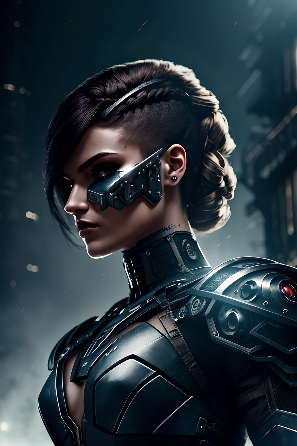 a beautiful woman cyborg warrior in the Style-RustMagic, cyberpunk augmentation, cyberware, cyborg, carbon fiber, chrome, implants, metal skull, cyber plate armor, (dark atmosphere:1.2), (fog & smoke), (dark night:1.3), scars, (dark medium length disheveled hair:1.1), (eyeshadow:1.1), (beautifully detailed glow:1.2), (Cinematic lighting), intricate detail, highres, rounded eyes, detailed facial features, sharp focus, smooth, aesthetic, detailed dark industrial factory background, stylish pose, dynamic pose, (dramapaint), (opt-6000:0.9)