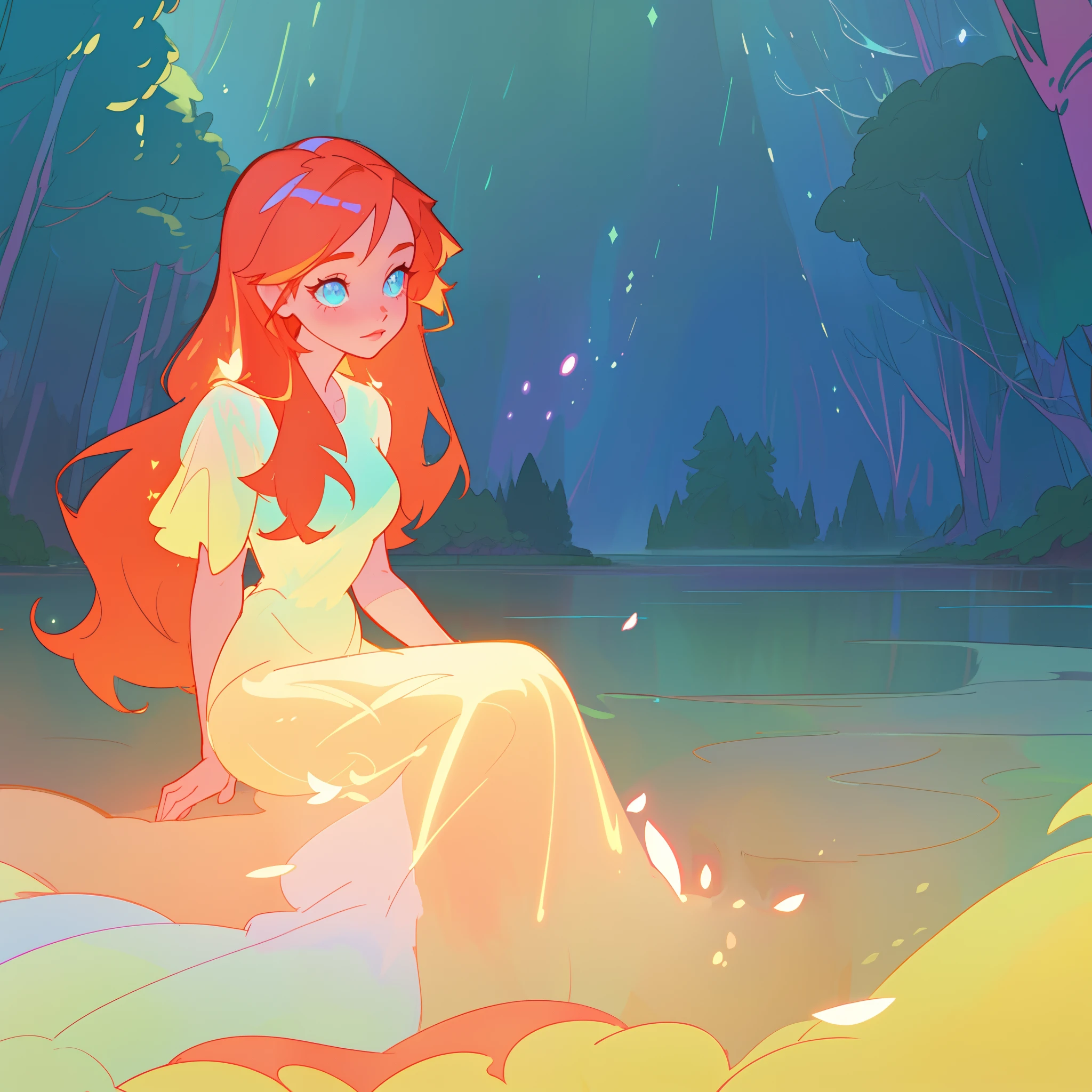 beautiful girl in simple white dress, long red hair, forest background, beautiful girl sitting in a river, forest landscape, nature, beautiful girl, beautiful face, vibrant pastel colors, (colorful), magical lights, sparkling lines of light, inspired by Glen Keane, inspired by Lois van Baarle, disney art style, by Lois van Baarle, glowing aura around her, by Glen Keane, jen bartel, glowing lights! digital painting, flowing glowing hair, glowing flowing hair, beautiful digital illustration, fantasia background, whimsical, magical, fantasy, beautiful face, ((masterpiece, best quality)), intricate details, highly detailed, sharp focus, 8k resolution, sparkling detailed eyes, liquid watercolor