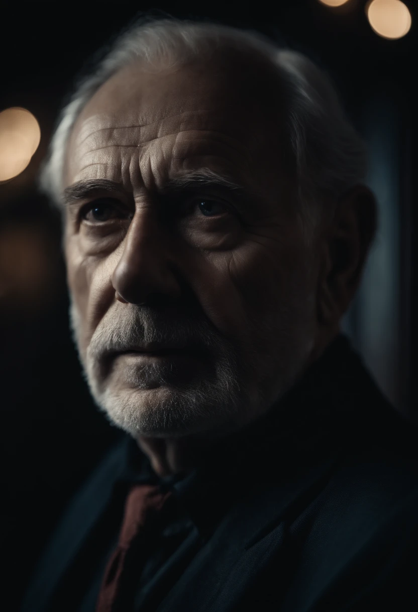 Wise old male narrator in dark room looking directly at camera