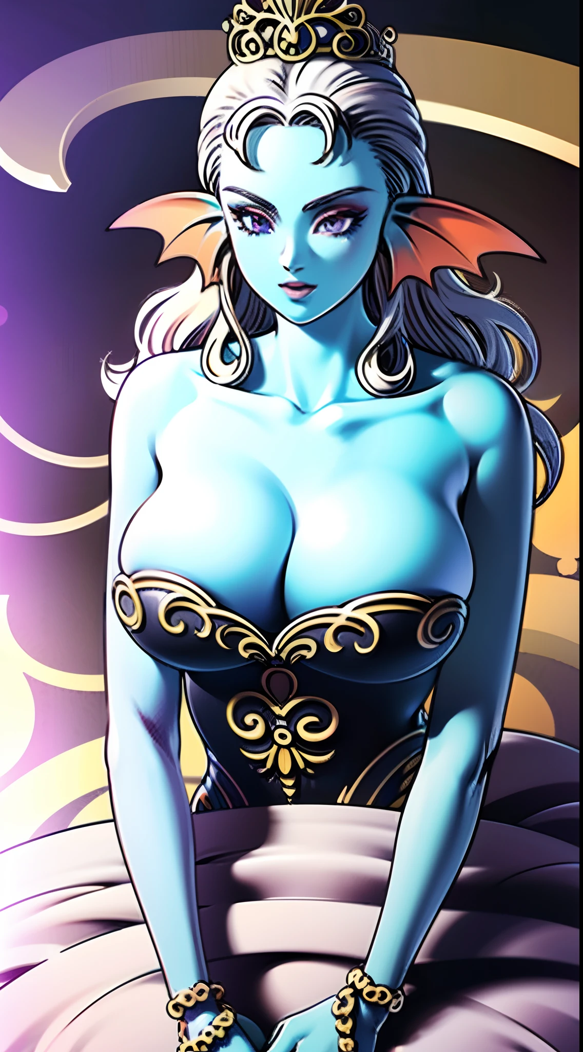 8K,high quality,anime,married woman,beautiful,beautiful,bright,eye highlights,purple eyes,sexy,super big tits,oversized boobs,dark blue nipples,erotic,beautiful line drawing. Blue skin, blue and orange gradient fins, nude, nothing on, nothing on, nothing on, nothing on, nude,