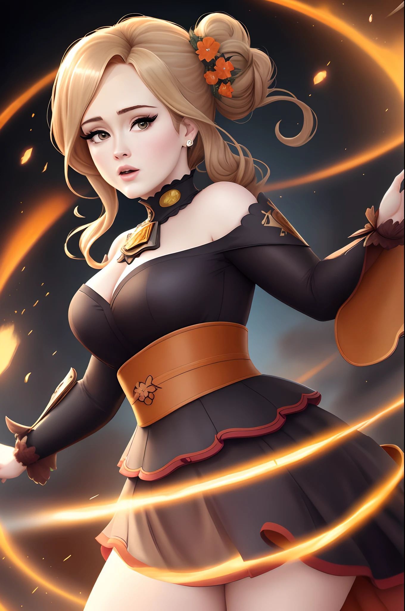Adele como personagem de genshin impact. detailed cenary. elemento da terra, pedra , roupas da cor laranja