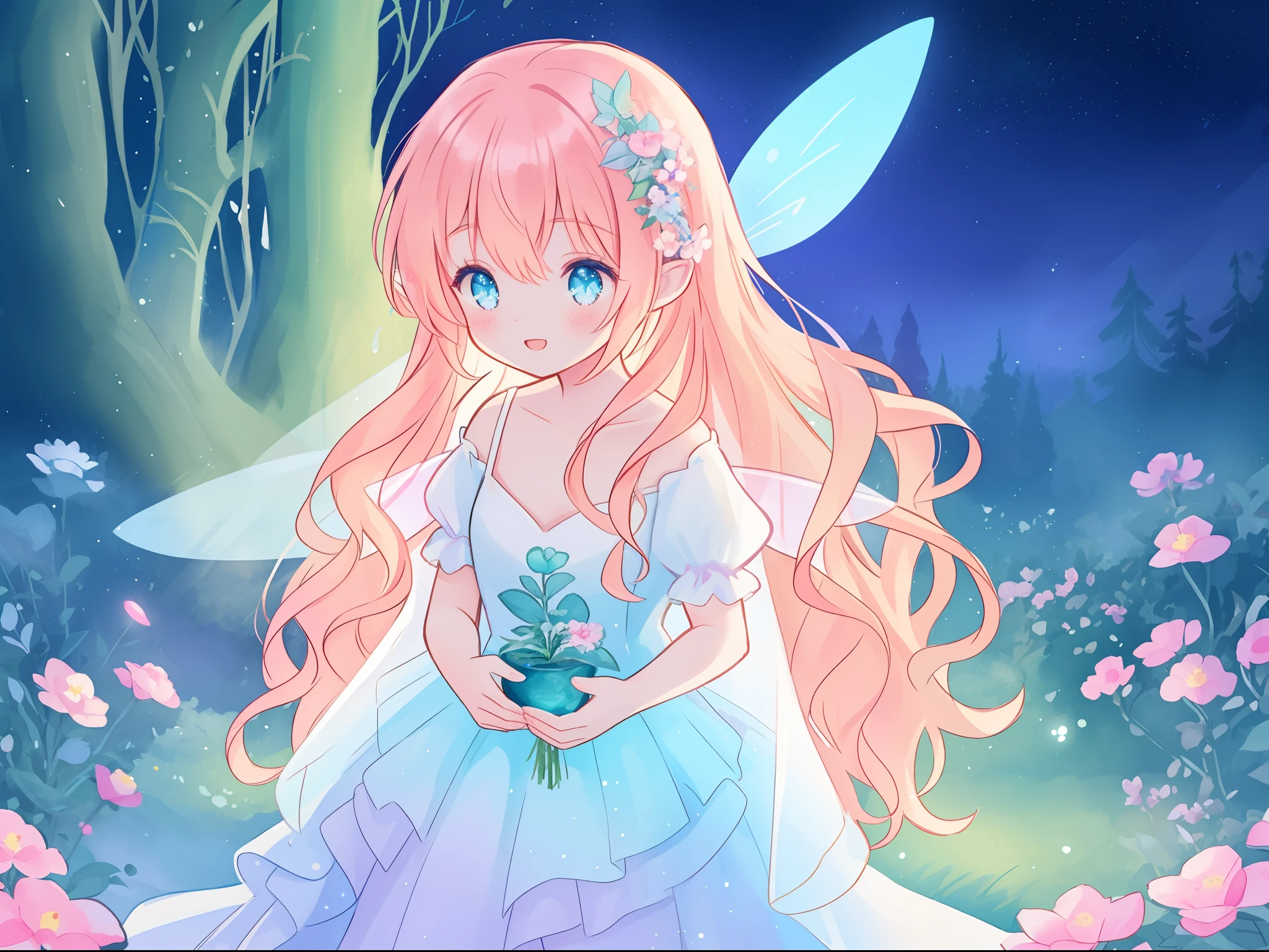 beautiful girl in flowing tiered layered ballgown dress, fairy dress, fairy queen, magical forest background, (glowing fairy wings), glowing flowing ballgown, long wavy hair, sparkling fairy wings, watercolor illustration, flowers and colorful plants, inspired by Glen Keane, inspired by Lois van Baarle, disney art style, by Lois van Baarle, glowing aura around her, by Glen Keane, jen bartel, glowing lights! digital painting, flowing glowing hair, glowing flowing hair, beautiful digital illustration, fantasia otherworldly landscape plants flowers, beautiful, masterpiece, best quality, anime disney style